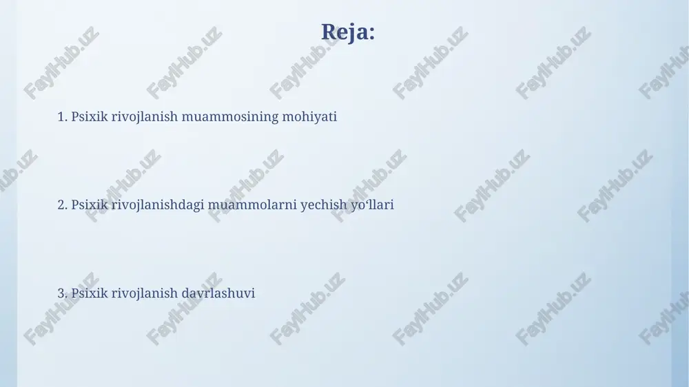qishga qiziqishni his qiladi, qolganlari esa turli sabablarga koʻra oʻqishga qiziqmaydi. psixik rivojlanishdagi individual farqlar o'smirlik davrida (12-18 yosh) ijtimoiy-emotsional rivojlanishdagi individual farqlar, o'ziga xos xususiyatlarning shakllanishiga olib keladi, bu esa shaxsiyatning yaxlitligini ta’minlash uchun muhimdir. 5-7 yoshdagi bolalarda kognitiv rivojlanish tezligi sezilarli darajada farq qiladi, bu esa ta’lim strategiyalarini individualizatsiyasi zarurligini ko'rsatadi. yoshlik davri psixikasi yoshlik davri kognitiv rivojlanishining piaget nazariyasiga ko'ra rasmiy operatsional bosqichiga to'g'ri keladi, bu mantiqiy fikrlash va abstrakt tushunchalarni egallab olish bilan tavsiflanadi. o'smirlik davrida (13-17 yosh) gormonlar faolligi va miya tuzilmalarining restrukturizatsiyasi hissiy jihatdan beqarorlik va impulsiv xulq-atvorning kuchayishiga olib keladi. yetuklik davri psixikasi yoshlik davri psixologiyasida 5-7 yoshlarda o'zini-o'zi anglash va mustaqil fikrlash ko'nikmalarining shakllanishi kuzatiladi, bu esa bolaning ijtimoiylashuvida muhim rol o'ynaydi. yoshlik davridagi psixik rivojlanishning eng muhim xususiyatlaridan biri - tafakkurning tez sur'atlarda rivojlanishi va abstrakt tushunchalarni o'zlashtirishdir, bu davrda 7-12 yoshgacha bo'lgan bolalarda kuzatiladi. psixik rivojlanish muammosining dolzarbligi o'smirlik davrida …