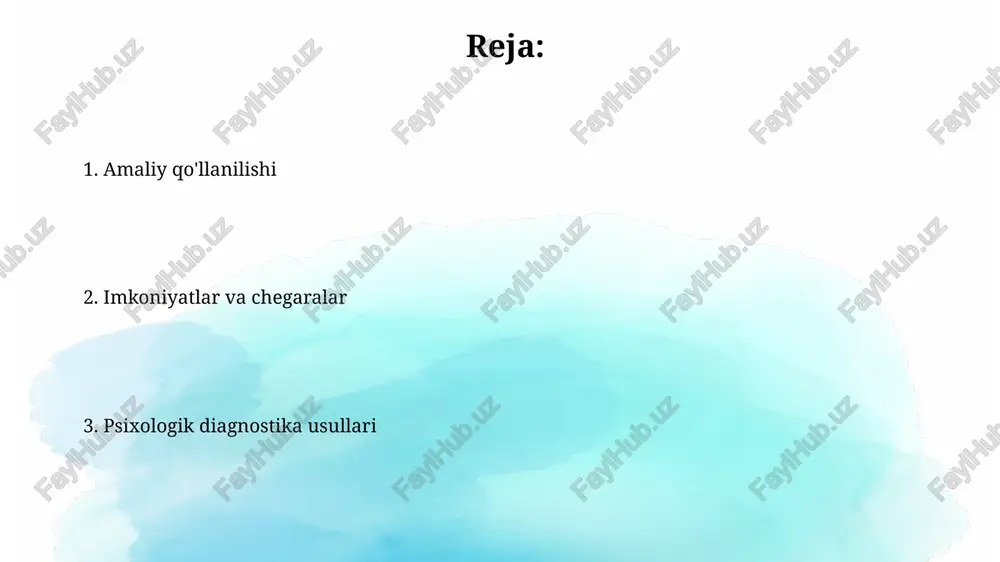 ash va ta’lim strategiyalarini shakllantirishda muhim ahamiyatga ega. intellektual baholashda iq testlari keng qo‘llaniladi va natijalar 100 ballli shkala asosida ifodalanadi, standart deviatsiya 15 bo‘lib, o‘rtacha ko‘rsatkich 100 ballni tashkil etadi. psixometrik testlar proyektiv testlar, masalan, rorshax testi, noaniq rasmlarni talqin qilish orqali shaxsning chuqur psixologik jarayonlarini, 10 ta standartlashtirilgan dog'lar yordamida, ochib beradi va psixologik buzilishlarni aniqlashda yordam beradi. ba'zi psixometrik testlar, shaxsiyat xususiyatlarini aniqlashga qaratilgan mmpi kabi, 566 ta savoldan iborat bo'lib, respondentning turli xil psixologik xususiyatlarini o'lchaydi va diagnostika qo'yishga yordam beradi. psixologik diagnostika tushunchasi diagnostika jarayonida 5 ta asosiy bosqich mavjud: shikoyatlarni o‘rganish, ma’lumotlarni to‘plash, psixologik testlarni o‘tkazish, ma’lumotlarni tahlil qilish va xulosalar chiqarish, tavsiyalar berish. psixologik diagnostika natijalari, bemorning intellektual koeffitsiyenti (iq), emotsional barqarorligi, shaxsiyat xususiyatlari va boshqa ko‘plab psixologik parametrlarini aniqlashga yordam beradi, bu esa 10 dan ortiq muammoning hal etilishiga yordam beradi. neyropsixologik tekshiruvlar neyropsixologik baholash natijalari bemorning individual reabilitatsiya dasturini ishlab chiqishda, …