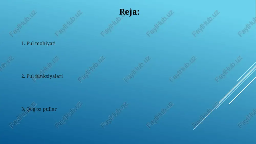 rning qiymatiga mutanosib ravishda oltinning o'z qiymati oshsa, pul miqdori kamayadi. pulning funksiyalari pulning muomala vositasi funksiyasi tovarlar va xizmatlarni sotish va sotib olishda, ya'ni tovarlarning ayirboshlanishida muomalada bo'ladi va bu pulning aylanish tezligi bilan aniqlanadi. pulning qiymat oʻlchovi funksiyasi barcha tovarlarning qiymatini oʻlchashda, ularning narxini aniqlashda qoʻllaniladi va bu tovarlarning oʻzaro ayirboshlanishini ta'minlaydi. pul-kredit siyosati oʻzbekistonda pul-kredit siyosatining 2010-yilda asosiy maqsadlari pulga talabni to'liq qondirish, milliy valuta barqarorligini ta'minlash va iqtisodiy oʻsishni ragʻbatlantirish edi. markaziy bank pul-kredit siyosatini amalga oshirishda foiz stavkalarini, majburiy zaxiralarni va ochiq bozordagi operatsiyalarni asosiy vosita sifatida qoʻllaydi. pulning mohiyati pulning tovar sifatidagi kelib chiqishini tan olmaslik, uning muhim vazifalarini inkor qilish, pulni narx masshtabi bilan ideal hisob birligini ta'riflash kabi kamchiliklar nominalizm nazariyasiga xosdir. pulning ijtimoiy-iqtisodiy hodisa sifatidagi mazmunini 3 asosiy nazariy yondoshuv orqali tahlil qilish mumkin: metallistik, nominalistik va miqdoriy. e'tiboringiz uchun rahmat @taqdimot_robot image1.jpg image2.jpg image3.jpg image4.jpg image5.jpg image6.jpg image7.jpg