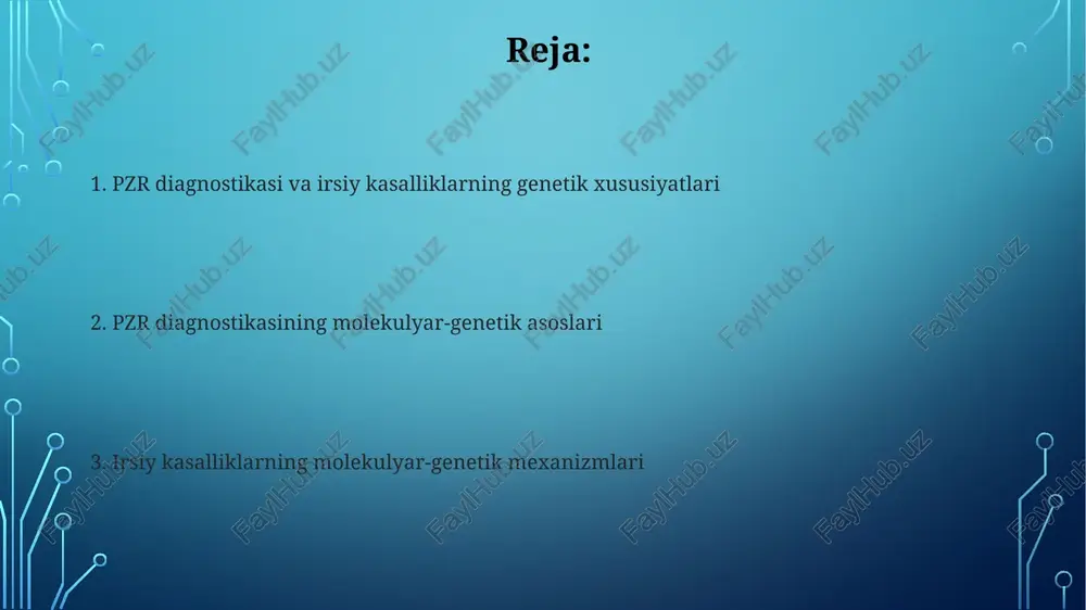 liklarni farqlash mumkin. onkologik kasalliklarning genetik asoslari mikrosatelit beqarorligi (msi) kabi genetik o'zgarishlar ba'zi saraton turlarining, xususan, kolonal saratonning rivojlanishida muhim rol o'ynaydi va prognozni aniqlashda yordam beradi. saraton rivojlanishida 50 dan ortiq turli onkogenlar va o'sishni bostiruvchi genlarning ishtiroki aniqlangan, ularning mutatsiyalari hujayra siklining buzilishiga olib keladi. pzr mahsulotlarini tahlil qilish usullari pzr mahsulotlarining sekvensiyasi, sanger usuli yoki yangi avlod sekvensiyasi (ngs) texnologiyalari orqali amalga oshiriladi va bu nukleotidlar ketma-ketligini aniq aniqlash imkonini beradi, bu esa aniq diagnostika qo'yishga yordam beradi. real-time pzr texnologiyasi, pzr reaksiyasi davomida hosil bo'layotgan mahsulot miqdorini fluorometrik detektsiya qilish orqali, genetik mutatsiyalarni aniqlashda yuqori sezuvchanlikni ta'minlaydi. irsiy kasalliklarni aniqlashda pzrning ahamiyati pzr texnologiyasi yordamida irsiy kasalliklarning 90% dan ortig'ini aniqlash mumkin, bu esa o'z vaqtida davolash va profilaktika choralarini ko'rish imkonini beradi. pzr diagnostikasi genomdagi 1000 dan ortiq nukleotid ketma-ketligini aniqlashga imkon beradi, bu esa turli xil irsiy kasalliklarning genetik sabablarini aniqlashga yordam beradi. …