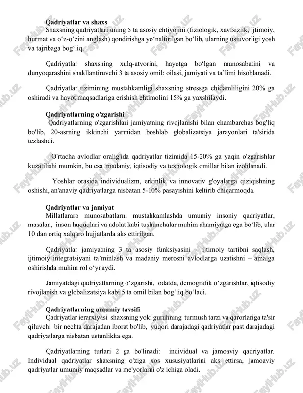 ajribaga bog‘liq. qadriyatlar shaxsning xulq-atvorini, hayotga bo‘lgan munosabatini va dunyoqarashini shakllantiruvchi 3 ta asosiy omil: oilasi, jamiyati va ta’limi hisoblanadi. qadriyatlar tizimining mustahkamligi shaxsning stressga chidamliligini 20% ga oshiradi va hayot maqsadlariga erishish ehtimolini 15% ga yaxshilaydi. qadriyatlarning o'zgarishi qadriyatlarning o'zgarishlari jamiyatning rivojlanishi bilan chambarchas bog'liq bo'lib, 20-asrning ikkinchi yarmidan boshlab globalizatsiya jarayonlari ta'sirida tezlashdi. o'rtacha avlodlar oralig'ida qadriyatlar tizimida 15-20% ga yaqin o'zgarishlar kuzatilishi mumkin, bu esa madaniy, iqtisodiy va texnologik omillar bilan izohlanadi. yoshlar orasida individualizm, erkinlik va innovativ g'oyalarga qiziqishning oshishi, an'anaviy qadriyatlarga nisbatan 5-10% pasayishini keltirib chiqarmoqda. qadriyatlar va jamiyat millatlararo munosabatlarni mustahkamlashda umumiy insoniy qadriyatlar, masalan, inson huquqlari va adolat kabi tushunchalar muhim ahamiyatga ega bo‘lib, ular 10 dan ortiq xalqaro hujjatlarda aks ettirilgan. qadriyatlar jamiyatning 3 ta asosiy funksiyasini – ijtimoiy tartibni saqlash, ijtimoiy integratsiyani ta’minlash va madaniy merosni avlodlarga uzatishni – amalga oshirishda muhim rol o‘ynaydi. jamiyatdagi qadriyatlarning o‘zgarishi, odatda, demografik o‘zgarishlar, iqtisodiy …