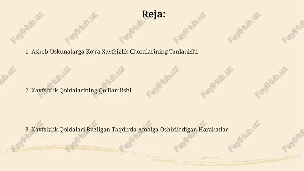mli kasalliklar va mexanik shikastlanishlardan himoya qiladi. qo'lda ishlatiladigan asboblar bilan ishlash xavfsizligi qo'lda ishlatiladigan burg'ulash mashinalari bilan ishlashda 3000 aylanish/daqiqadan yuqori tezlikda ishlashda muvozanatni saqlash va asbobni mahkam ushlash xavfsizlikning asosiy omili hisoblanadi. yog'ochni kesish yoki metallni qayta ishlashda qo'lda ishlatiladigan asboblar bilan ishlashda jarohatlarning 70% ini kesish va sanchilish tashkil etadi, shuning uchun himoya kiyimlarini (himoya ko'zoynaklari, qo'lqoplar) kiyish juda muhim. qo'lda ishlatiladigan elektr asboblari bilan ishlashda 220v dan yuqori kuchlanishli tarmoqlarga ulanishdan oldin, himoya vositalarini (dielektrik qo'lqoplar, izolyatsion matolar) majburiy ravishda qo'llash kerak. yong'in xavfsizligi yong'in xavfsizligini ta'minlash uchun yong'in signallari va o'chirish tizimlari, shu jumladan, yong'inga qarshi avtomatik tizimlar (aps) kabi 2-3 ta asosiy asbob-uskunalardan foydalaniladi. yong'in xavfsizligi bo'yicha 150 dan ortiq normativ-huquqiy hujjatlar mavjud bo'lib, ularda yong'indan himoya vositalaridan foydalanish, evakuatsiya rejalari va xodimlarni o'qitish masalalari belgilangan. yillik yong'in xavfsizligi tekshiruvlarida kamida 5 ta asosiy parametr, jumladan, yong'inga qarshi vositalarning mavjudligi va ishonchliligi tekshiriladi. birinchi …