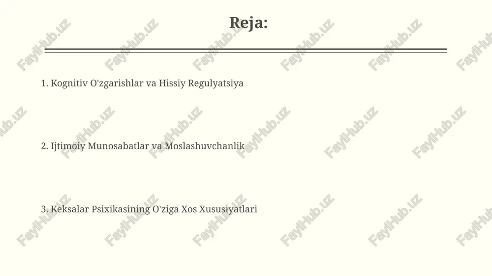 di va depressiya xavfini 2-3 barobar oshiradi, bu esa ularning turmush tarziga moslashish qobiliyatiga salbiy ta'sir ko'rsatadi. kognitiv zaiflashuv, masalan, xotira va diqqatning pasayishi, moslashuvchanlikka sezilarli darajada ta'sir qiladi va 70 yoshdan keyin taxminan 15% kattalarda sezilarli darajada kuzatiladi. his-tuyg'ular va kayfiyat qariyalar o'zlarining his-tuyg'ularini ifoda etishda qiyinchiliklarga duch kelishlari mumkin, bu esa 30% ga yaqin hollarda noto'g'ri tashxis qo'yilishiga olib keladi. xotira zaiflashishi va kognitiv pasayish hissiy beqarorlikka, kayfiyat o'zgarishiga va ijtimoiy chekinishga olib kelishi mumkin. xotira va kognitiv funksiyalar xotira pasayishi keksalarning 60% da kuzatiladi, bu esa kundalik hayotda qiyinchiliklarga olib kelishi mumkin, ayniqsa, yangi ma'lumotlarni eslab qolishda. kognitiv funksiyalar yoshi bilan pasayishi mumkin, lekin bu pasayish individual farq qiladi va 70 yoshdan oshgan odamlarda 15% atrofida demans rivojlanish xavfi mavjud. davolash va qo'llab-quvvatlash keksalar orasida kognitiv buzilishlar, masalan, demans, 65 yoshdan oshganlarning 5-10%ida uchraydi va erta diagnostika va psixologik qo'llab-quvvatlash muhim rol o'ynaydi. ijtimoiy izolyatsiya va yolg'izlik …