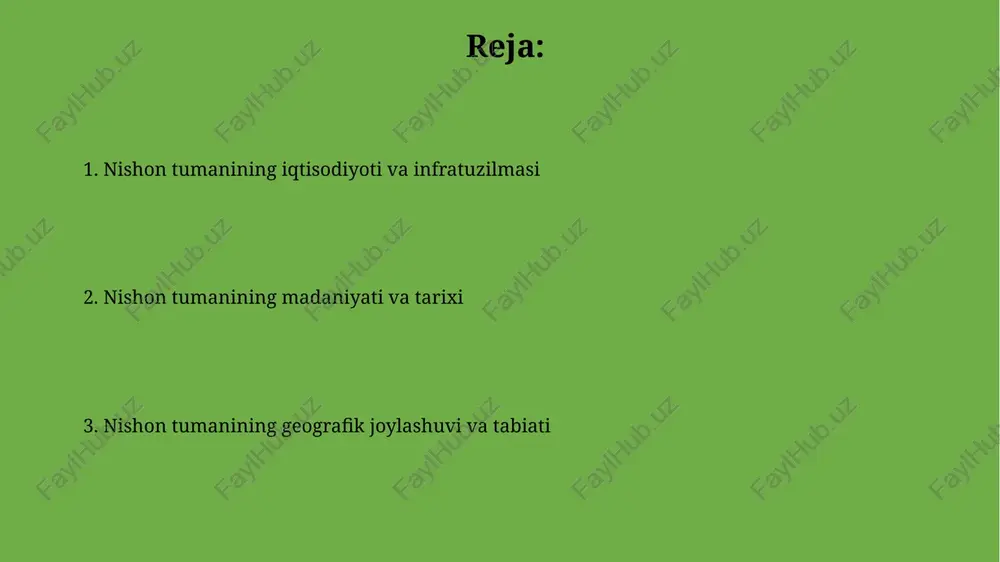 umanda 5 dan ortiq yirik sanoat korxonasi mavjud boʻlib, asosan qishloq xoʻjaligi mahsulotlarini qayta ishlash bilan shugʻullanadi va 1000 dan ziyod ish oʻrinlarini yaratadi. paxtachilik va bogʻdorchilik nishon tumanining iqtisodiyotining muhim qismini tashkil qilib, yillik hosildorlik oʻrtacha 35-40 sentner/ga ni tashkil etadi. qishloq xo'jaligi nishoniy tumanida 2000 gektardan ortiq er maydoni paxtachilikka ajratilgan bo'lib, o'rtacha hosildorlik 25 tsentner/ga nisbatan yuqoriroq ko'rsatkichlarga erishilgan. tumandagi dehqon xo'jaliklarining 30% dan ortig'i intensiv bog'dorchilik bilan shug'ullanib, yiliga o'rtacha 1500 tonnadan ortiq meva-sabzavot mahsulotlari etishtiriladi. kelajak istiqbollari tumanning suv ta'minoti tizimini modernizatsiya qilish uchun 2024 yilda 15 mlrd so'mdan ortiq mablag' ajratilishi va buning natijasida 30% gacha aholining toza ichimlik suviga bo'lgan ehtiyojini qondirish kutilmoqda. nishoniy tumanining "kelajak istiqbollari" bo'yicha 2025 yilgacha 500 dan ortiq yangi ish o'rinlari yaratish rejalashtirilgan, bu asosan kichik va o'rta biznes tarmoqlarini rivojlantirishga yo'naltirilgan. nishon tumanining rivojlanishiga oid muammolar va ularning yechimlari nishon tumanida aholining 15% ga yaqini ishsizlikdan aziyat …