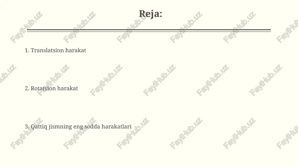 ezlik va tezlanish bilan harakatlanishi bilan tavsiflanadi; bu vektor miqdori. tarjima harakati dinamikasini o‘rganishda nyutonning ikkinchi qonuni, ya'ni f=ma muhim rol o‘ynaydi, bu yerda "m" massa va "a" tezlanishni bildiradi. parallel siljish parallel siljishni tasvirlash uchun faqatgina bitta vektor – siljish vektori yetarli; bu vektorning moduli siljish miqdorini, yo'nalishi esa siljish yo'nalishini ko'rsatadi. parallel siljishda burchak tezligi nolga teng (ω=0), ya'ni jism aylanmaydi va faqatgina tarjima harakati bajaradi; uning kinetik energiyasi faqat tarjima harakati energiyasi bilan aniqlanadi. murakkab harakat murakkab harakat, aylanma va siljish harakatlarining murakkab birikmasi hisoblanib, uning tezligi va tezlanishi vektor miqdorlari bilan ifodalanadi. murakkab harakatni tavsiflash uchun 6 ta mustaqil koordinata yoki parametr, masalan, 3 ta koordinata va 3 ta burchak kerak bo'ladi. e'tiboringiz uchun rahmat @taqdimot_robot image2.jpg image3.jpg image4.jpg image5.jpg image6.jpg image7.jpg image8.jpg