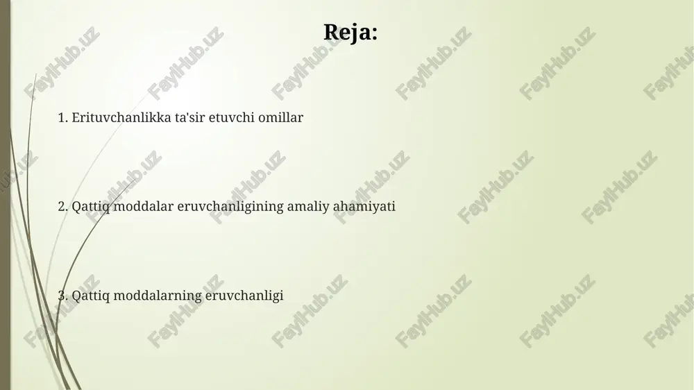 oshirish mumkin, bu esa erigan modda konsentratsiyasini bir tekis taqsimlashga yordam beradi. mayda kukunga aylantirilgan modda, o'xshash hajmdagi yirik donachali moddaga nisbatan 5-10 baravar tezroq eriydi, chunki sirt maydoni ortadi. qattiq moddaning eruvchanligini 10-20°c ga temperatura oshishi orqali sezilarli darajada oshirish mumkin, chunki yuqori temperaturada erituvchi molekulalarining kinetik energiyasi ortadi. bosimning ta'siri yuqori bosim ostida (100 mpa dan yuqori), ayrim qattiq moddalarning eruvchanligi sezilarli darajada o'zgaradi, masalan, suvda tuzlarning eruvchanligi biroz ortadi. bosimning oshishi, qattiq moddalarning suvda eruvchanligiga nisbatan 10 mpa gacha bo'lgan oraliqda ahamiyatsiz ta'sir ko'rsatadi, chunki qattiq moddalar hajmiy o'zgarishlari juda kam. gazsimon moddalarning eruvchanligiga bosim kuchli ta'sir ko'rsatsada, qattiq moddalar uchun bu ta'sir juda zaif bo'lib, eruvchanlikning o'zgarishi odatda 1% dan kamni tashkil etadi. erituvchi va eriydigan modda tushunchalari eriydigan modda (solvent) erituvchi modda (solute) ga nisbatan miqdoriy jihatdan ko‘proq bo‘ladi va uni o‘zida eritish xususiyatiga ega bo‘ladi; masalan, suv 100 gramm tuzni erita oladi. erituvchilik jarayoni …