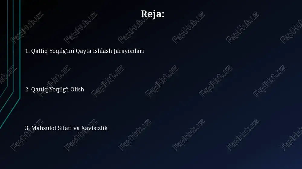 stahkamligini va yonish samaradorligini oshirishga yordam beradi. kichik o'lchamdagi briketlash agregatlari soatiga 1-3 tonnagacha qattiq yoqilg'i briketini ishlab chiqarish quvvatiga ega bo'lib, kichik va o'rta biznes uchun mos keladi. qattiq yoqilg'ining kimyoviy tarkibi koʻmirning kimyoviy tarkibi uning turkumiga bogʻliq holda farq qiladi, masalan, antrasit 90% gacha uglerodni, lignit esa 70% atrofida uglerodni oʻz ichiga oladi. kul miqdori ham turli xil boʻlib, 1% dan 20% gacha yetishi mumkin. qattiq yoqilgʻining kimyoviy tarkibi oʻrtacha 70-80% uglerod (c), 4-6% vodorod (h), 1-2% oltingugurt (s) va qolgan qismi kislorod (o), azot (n) hamda kul (mineral moddalar)dan iborat boʻladi. atrof-muhit muhofazasi masalalari qattiq yoqilgʻi qayta ishlash zavodlarida tozalovchi qurilmalar oʻrnatish, masalan, elektrofiltrlar va quruq usuldagi gaz tozalash tizimlari, zararli chiqindilarni 90% gacha kamaytirishi mumkin. qattiq yoqilgʻi qayta ishlash jarayonida havoga 10-15% gacha zararli chiqindilar, jumladan, sox va nox gazlari chiqishi mumkin, bu esa atrof-muhit ifloslanishiga olib keladi. gazifikatsiya jarayoni gazifikatsiya jarayonida hosil boʻlgan gaz tarkibida …