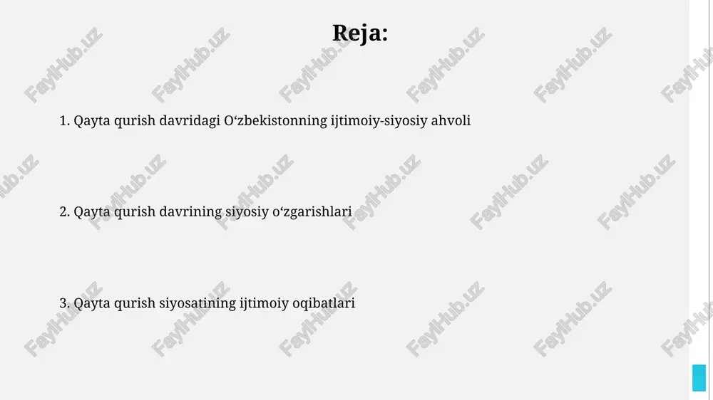 ar ro'yxatdan o'tgan, ammo ularning ko'pchiligi samarali faoliyat ko'rsata olmagan. konstitutsiya loyihasi jamoatchilik muhokamasiga qo'yilgan bo'lsa-da, prezidentlik hokimiyatining mustahkamlanishi "demokratizatsiya" jarayoniga ta'sir ko'rsatdi, qonun chiqaruvchi organlarning roli cheklangan edi. xususiylashtirish va kichik biznesning rivojlanishi xususiylashtirish natijasida yuzaga kelgan kichik biznes subyektlarining 80% dan ko'prog'i savdo va xizmat ko'rsatish sohasida faoliyat yuritgan, sanoat va qishloq xo'jaligiga investitsiyalar esa past darajada qoldi. "kichik biznes to'g'risida"gi qonun 1991-yilda qabul qilingan bo'lsa-da, byurokratik to'siqlar va korrupsiya kichik biznesning rivojlanishiga jiddiy to'sqinlik qilib, 2000 yillar boshigacha sezilarli o'sishga to'sqinlik qildi. ta'lim va madaniyat sohasidagi oʻzgarishlar 1990-yillarning boshlarida maktab oʻquv dasturlariga milliy til va adabiyotga, shuningdek, islom dinining asosiy tamoyillariga oid fanlar qoʻshildi, bu esa ta'lim tizimida sezilarli oʻzgarishlarga olib keldi. "qayta qurish" davrida madaniy muassasalar soni sezilarli darajada oshdi – teatrlar, muzeylar va kutubxonalarning soni 20% ga koʻpayganligi qayd etilgan. jinoyatchilik va huquqbuzarlik jinoyatchilikning keskin pasayishi, 1990-yillar boshlariga nisbatan 2000-yillarga kelib, o'g'irlik va talonchilik kabi …