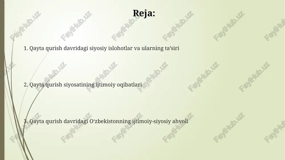 iqtisodiy islohotlar davrida yalpi ichki mahsulot (yaim) oʻsish surʼati oʻrtacha 5-7% ni tashkil etdi, ammo bu oʻsishning barqarorligi va aholining turmush darajasi oʻrtasidagi bogʻliqlik muammoli boʻlib qoldi. qayta qurish davrining muammolari qayta qurish siyosatining noaniqligi va "perestroyka"ning o'z vaqtida amalga oshirilmagan islohotlari milliy tuyg'ularning oshishiga va 1989-1990 yillarda milliy ozodlik harakatlarining kuchayishiga olib keldi. qayta qurish davrida paxta yetishtirishga haddan tashqari urg'u berilishi tuproqning tuzlanishiga, 15% ga yaqin yerlarning unumdorligining pasayishiga va ekologik muammolarga olib keldi. sovet ittifoqining parchalanishi bilan bog'liq iqtisodiy inqiroz, inflyatsiya darajasining 1000% dan oshishi va byudjetning katta qismi mudofaa sohasiga yo'naltirilishi ijtimoiy tartibsizliklarga sabab bo'ldi. "paxta ishi" va uning oqibatlari “paxta ishi” natijasida, bir qator korrupsiya va huquqbuzarlik hollari qayd etilgan, bu esa o‘z navbatida milliy iqtisodiyotga jiddiy zarar yetkazgan. “paxta ishi” davrida 1990-yillarning oxirida va 2000-yillar boshlarida majburiy mehnatga jalb qilingan millionlab fuqarolar, asosan, qishloq xo‘jaligi sohasida paxta terimida ishtirok etgan. “paxta ishi” oqibatlari sifatida, …