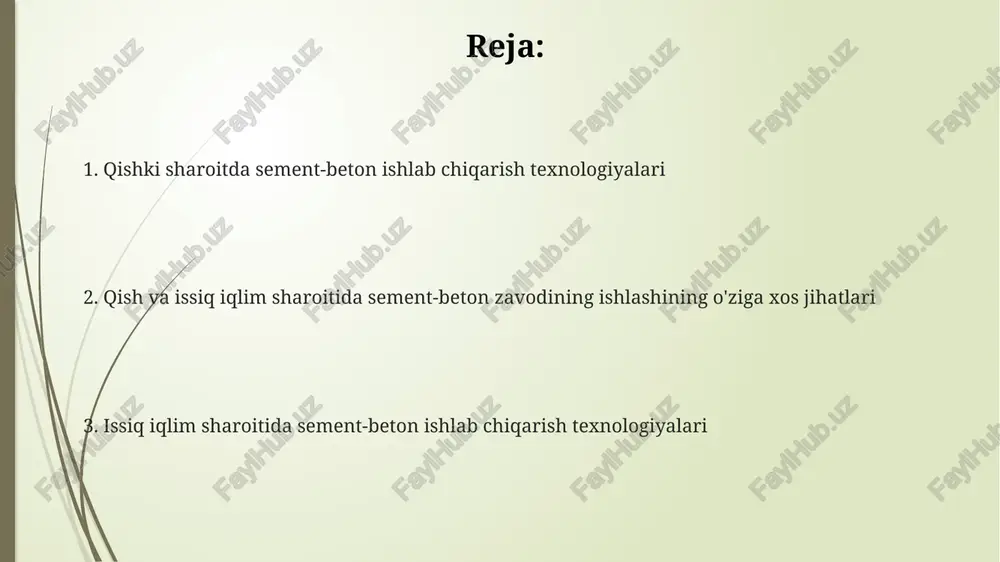 yuqori bo‘lganda, gidratatsiya jarayoni tezlashadi, ammo bu mustahkamlikka emas, balki yoriqlar hosil bo‘lishiga olib kelishi mumkin. qish va issiq iqlim sharoitida tsement-beton zavodining ishlashining o'ziga xos jihatlari qishda tsementning gidratatsiyasi sekinlashadi, shuning uchun beton mustahkamlanishi uchun 28 kundan ko'proq vaqt ketishi mumkin, bu esa ish jarayonini uzaytiradi va qo'shimcha xarajatlarni keltirib chiqaradi. issiq iqlim sharoitida suvning tez bug'lanishi betonning mustahkamligi va sifatiga salbiy ta'sir ko'rsatadi, shuning uchun suv miqdorini 5-10% ga oshirish kerak bo'ladi. qishda beton aralashmasining haroratini 10°c dan past bo'lmasligi uchun maxsus qo'shimchalar va isitish usullari qo'llaniladi, bu esa energiya sarfini oshiradi. qishki sharoitda betonning mustahkamlanishi qishki sharoitda betonning mustahkamlanishi tezligi 20-30% ga pasayishi mumkin, bu suvning muzlashi va gidratatsiya jarayonining sekinlashuvi bilan bog'liq. beton aralashmasidagi suv-sement nisbati qishda 5-10% ga kamaytirilishi tavsiya etiladi, bu esa mustahkamlikni oshirishga va muzlash-erish sikllariga chidamliligini yaxshilashga yordam beradi. -5°c dan past haroratlarda betonning mustahkamlanishi deyarli to'xtaydi, shuning uchun isitish usullari, masalan, …