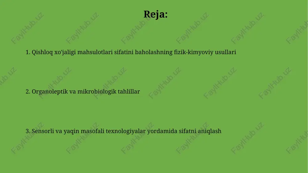 organik kislotalarning miqdori o'lchanadi, masalan, sut mahsulotlarida laktik kislota miqdori 0,8-1,2% oralig'ida bo'lishi kerak. qo'ziqorin va mog'orlarning mavjudligini aniqlash uchun petri dish usuli va mikroskopik tekshiruvlar qo'llaniladi, koloniyalar soni va turlarini aniqlash 5-7 kun davom etadi. sifatni statistik tahlil qilish korrelyatsion tahlil, masalan, meva hajmi va qand miqdori o'rtasidagi bog'liqlikni r=0.8 kabi koeffitsiyent yordamida aniqlash va mahsulot sifati ko'rsatkichlari o'rtasidagi munosabatlarni o'rganish imkonini beradi. dispersiya tahlili (anova) yordamida 3 ta turli o'g'it bilan o'stirilgan 100 ta g'o'za namunalarining hosildorligi orasidagi farqlarni 0.05 ahamiyatlilik darajasida tekshirish mumkin. kimyoviy tahlil usullari kimyoviy tahlil, o'simlik mahsulotlaridagi 15 dan ortiq og'ir metallarning miqdorini aniqlashda atom-absorbtsion spektrometriya (aas) usulini qo'llaydi. gaz xromatografiyasi (gc) yordamida 50 dan ortiq pestitsid va zaharli moddalarning qoldiq miqdorini aniqlash va 0.1 mg/kg dan past konsentratsiyalarni aniqlash mumkin. e'tiboringiz uchun rahmat @taqdimot_robot image1.jpg image2.jpg image3.jpg image4.jpg image5.jpg image6.jpg image7.jpg