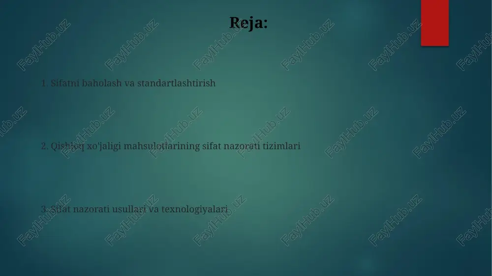 n maxsus nazorat rejimi qo'llaniladi. sifat nazorati ob'ektlarning 3 ta asosiy parametrlarini (hajmi, og'irligi, sifat ko'rsatkichlari) o'lchash va tahlil qilishga asoslanadi. sifat nazorati uchun zamonaviy texnologiyalar sensorli texnologiyalar, jumladan, yaqin masofali sensorlar va dronlardan olingan ma'lumotlarni tahlil qilish, hosilning miqdori va sifatini aniqlashda 5% dan kam xato bilan 1 gektar maydondagi ekinlar holatini kuzatish imkonini beradi. kompyuter ko'rish tizimlari va sun'iy intellekt yordamida 1 soniyada 1000 dan ortiq meva-sabzavotni tasniflash va sifatini baholash mumkin, bu esa mehnat unumdorligini sezilarli darajada oshiradi. kimyoviy va biologik omillar ta'siri zararkunandalar va kasalliklarning tarqalishi 30% gacha hosil yo'qotilishiga va mahsulot sifati pasayishiga olib kelishi mumkin, bu esa iqtisodiy zararlarga olib keladi. kimyoviy o'g'itlarning ortiqcha qo'llanilishi hosil sifatiga salbiy ta'sir ko'rsatib, mahsulotlarda nitratlar miqdorini 15-20% ga oshirishi mumkin. qishloq xo'jaligi mahsulotlari sifatini yaxshilash yo'llari sertifikatlangan urugʻlardan foydalanish va oʻsimliklarni kasalliklardan himoya qilish choralarini amalga oshirish mahsulot sifati va xavfsizligini 30% ga yaxshilaydi. hosilni yigʻish va …