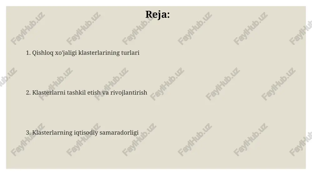 klasterlar. klasterlarni boshqarish va rivojlantirish agrosanoat klasterlarini rivojlantirish uchun davlat tomonidan 20-30% subsidiya ajratish, investitsiyalarni jalb qilish va innovatsion texnologiyalarni qo'llashni rag'batlantirish zarur. klasterlarni boshqarishda samaradorlikni oshirish uchun 5-10 ta kalit ko'rsatkichlar (kpi)ni aniqlash va ularni muntazam monitoring qilish muhim ahamiyatga ega. klaster a'zolari o'rtasida hamkorlikni mustahkamlash maqsadida yiliga kamida 2-3 marta mutaxassislar bilan o'quv-seminarlar va biznes-forumlar tashkil etish tavsiya etiladi. davlatning roli va qo'llab-quvvatlashi qishloq xo'jaligi klasterlarini rivojlantirish uchun kamida 5 yil muddatga soliq imtiyozlari, jumladan, yer solig'i va mulk solig'idan ozod qilish yoki ularni sezilarli darajada kamaytirish taklif etiladi. davlat tomonidan klasterlarga zamonaviy texnologiyalarni joriy etish uchun texnik yordam, masalan, 100 dan ortiq fermer xoʻjaligiga qo'shimcha ta'lim va treninglar o'tkazish orqali qo'llab-quvvatlash ko'rsatilishi mumkin. davlat tomonidan fermer xoʻjaliklarini klasterlarga birlashtirish uchun 20% gacha subsidiya ajratish, shu bilan birga, investitsiya loyihalarini qo'llab-quvvatlash dasturlari orqali qo'shimcha 10% moliyalashtirish taqdim etilishi mumkin. klasterlarni moliyalashtirish manbalari tijorat banklari tomonidan klaster a'zolariga 10% …