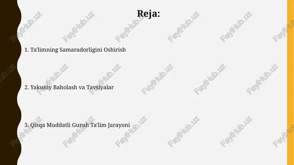 hkil etish”da 3 kunlik intensiv o'quv kurslari samaradorligini oshirish uchun 20 nafar ishtirokchidan iborat kichik guruhlardan foydalanish tavsiya etiladi. o'quv materiallari va uslublari qisqa muddatli guruh ta'limiy jarayonida 5-7 kishilik guruhlarda amaliy mashg'ulotlar va kichik loyihalar orqali o'zlashtirish samaradorligini oshirish mumkin. o'quv materiallarini tayyorlashda, 20% nazariya va 80% amaliyotga asoslangan multimediya elementlari (video, audio, rasmlar) dan foydalanish tavsiya etiladi. baholash va samaralilikni o'lchash qatnashchilarning 80% dan ortig'i ta'lim dasturiga ijobiy baho bergan bo'lsa, bu guruh ta'limi samaradorligining yuqori ko'rsatkichi hisoblanadi. baholash jarayonida 5 ball shkalasi va 10 ta aniq mezonlardan foydalanish natijalarni ob’ektiv baholash va samaradorlikni aniqlash imkonini beradi. e'tiboringiz uchun rahmat @taqdimot_robot image1.jpg image2.jpg image3.jpg image4.jpg image5.jpg image6.jpg image7.jpg