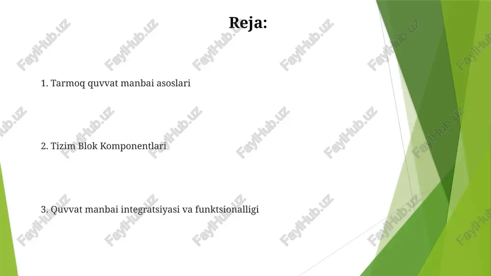 karta kiradi. quvvat iste'moli va samaradorlik energiya iste'moli va samaradorlik: tizim qancha energiya iste'mol qilishini va energiyani qanchalik samarali tarzda o'zgartirishiga o'lchov. tizim bloki tarkibiy qismlarini tushunish: ona plata, protsessor, ram, saqlash qurilmalari va periferik qurilmalar kabi tizim bloki ichidagi alohida qismlarni o'rganadi. tarmoq elektr ta'minoti tizim blokiga quvvat beradi va to'g'ri o'lchamda bo'lishi va himoyalangan bo'lishi kerak. asosiy qismlar: protsessor, ram, ona platasi cpu (markaziy qayta ishlash qurilmasi): kompyuterning miyasi, ko'rsatmalarni qayta ishlash uchun javobgar. ona platasi: barcha komponentlarni bog'laydigan va aloqa yo'llarini ta'minlaydigan asosiy elektron platasi. quvvat manbai reytinglari: vat, voltaj, amperaj voltaj: tokni boshqaradigan elektr potensiallar farqi. quvvat: quvvat manbai tomonidan berilishi mumkin bo'lgan umumiy quvvatni bildiradi. tarmoq ulanishi: ethernet, wi-fi tarmoq quvvat manbai: tarmoq qurilmalariga quvvat beradi. ethernet: kabel orqali simli tarmoq ulanishi. saqlash qurilmalari: hdd, ssd hdd: eski, mexanik saqlash, arzonroq, lekin sekinroq. ssd: yangi, flesh-asosidagi saqlash, tezroq va chidamliroq. e'tiboringiz uchun rahmat @taqdimot_robot image1.jpg …