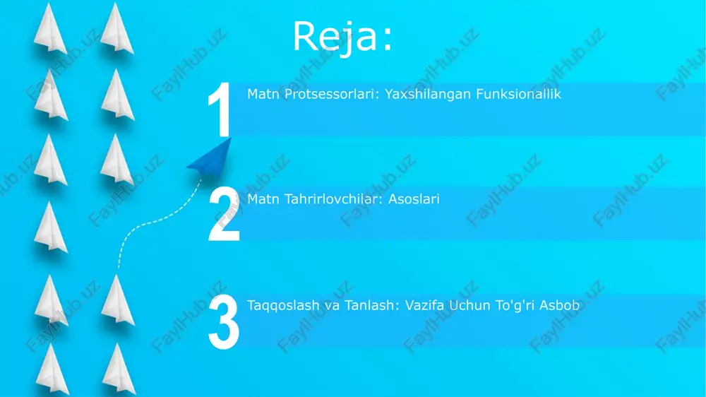 hiroq o'qilishi va taqdimot uchun formatlash va uslublash. kod, skript va matn fayllari kabi hujjatlarni yaratish va tahrirlash. markdown muharrirlar matn muharrirlar: oddiy matn yozish uchun umumiy maqsadli vositalar, ba'zilari oddiy markdown qo'llab-quvvatlashni taklif qiladi, lekin har doim ham bunga yo'naltirilmagan. markdown muharrirlar: markdown sintaksisi uchun ixtisoslashgan, ko'pincha oldindan ko'rish, jonli oldindan ko'rish va sintaksisni ta'kidlash kabi xususiyatlarga ega. protsessorlar: markdown fayllarini to'g'ridan-to'g'ri tahrirlamasdan boshqa formatlarga (html, pdf, va hokazo) o'zgartiradi. matnni qayta ishlash matnni qayta ishlash - bu tahlil yoki formatlash uchun ko'pincha matn ma'lumotlarini manipulyatsiya qilishdir. matn protsessorlari formatlash, imlo tekshiruv va tartiblash imkoniyatlari kabi xususiyatlar bilan matn hujjatlarini boyitadigan dasturlardir. matn muharrirlar - bu matn fayllarini yaratish, tahrirlash va saqlash uchun ishlatiladigan dasturlar. izlash va almashtirish matn protsessorlari: formatlash, tartiblash va boshqa xususiyatlarga ega bo'lgan ilg'or tahrirlovchilar. qidirish va almashtirish: hujjat ichidagi ma'lum matnni topish va almashtirish. matn muharrirlar: oddiy matn fayllarini yaratish va tahrirlash uchun dasturlar. …