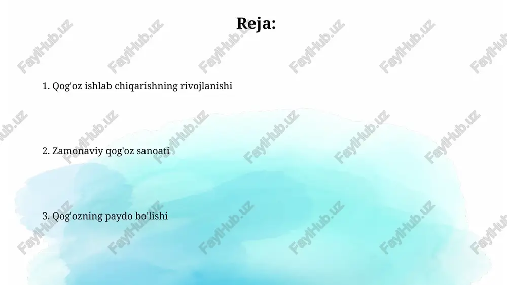 atdan toza texnologiyalarni rivojlantirishga turtki beradi. zamonaviy qog'oz sanoati yillik 400 million tonnadan ortiq qog'oz ishlab chiqaradi, bu esa butun dunyo bo'yicha katta miqdordagi daraxtlarning kesilishiga olib keladi va atrof-muhitga salbiy ta'sir ko'rsatadi. xitoydagi qog'oz ishlab chiqarish xitoylik hunarmandlar 7-asrda o'ziga xos, murakkab dizayndagi qog'ozni yaratishgan bo'lib, bu qog'ozning sifatini va chidamliligini oshirgan va 100 dan ortiq turdagi materiallarni ishlatishgan. xitoyda qog'oz ishlab chiqarishning eng qadimgi dalillari miloddan avvalgi 2-asrga to'g'ri keladi, bu davrda 200 yildan ortiq vaqt davomida rivojlangan texnologiyalar qo'llanilgan. qadimgi misr va mesopotamiyadagi qog'oz ikkala hududda ham, papirus yoki loy planshetlaridan tashqari, yog'och, teri va suyak parchalaridan ham yozuv uchun foydalanilgan, biroq ular cheklangan miqdorda bo'lgan. qadimgi misrda, taxminan 3000 yil avval, papirus o'simligidan tayyorlangan dastlabki yozuv materiallari paydo bo'lgan bo'lib, ular uzunligi 1 metrdan oshadigan varaqlar shaklida bo'lgan. e'tiboringiz uchun rahmat @taqdimot_robot image2.jpg image3.jpg image4.jpg image5.jpg image6.jpg image7.jpg image8.jpg image1.png