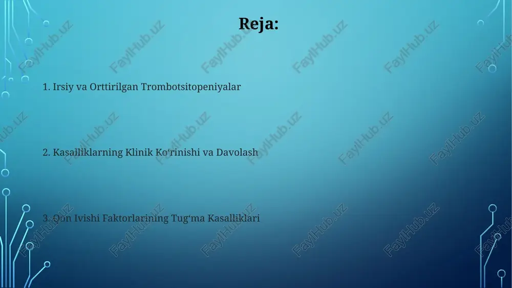 ombotsitopeniyaning ba'zi turlari, masalan, gemolitik uremik sindrom (gus) yoki trombotik trombotsitopenik purpura (ttp), mikroangiopatiya bilan bog'liq bo'lib, qon tomirlarining shikastlanishi va trombotsitlarning katta miqdorda yo'qolishiga olib keladi va tezkor davolashni talab qiladi. orttirilgan trombotsitopeniyalar, masalan, idiopatik trombotsitopenik purpura (itp), autoimmun jarayonlar natijasida yuzaga keladi va trombotsitlar sonining 100,000/mkl dan pastga tushishi bilan xarakterlanadi, davolash usullari kasallikning og'irligiga bog'liq. irsiy va orttirilgan trombotsitopeniyalar orttirilgan trombotsitopeniyalarning eng keng tarqalgan turi - immun trombotsitopenik purpura (itp) bo'lib, u avtoimmun reaktsiyasi natijasida trombotsitlar sonining pasayishi bilan tavsiflanadi va odatda 100 x 10⁹/l dan past bo'ladi. trombotsitopeniyaning og'irligi, trombotsitlar soni va bemorning klinik holatiga bog'liq bo'lib, qon ketishining zo'ravonligi, masalan, teri osti gematomalari soni va kattaligi bilan o'lchanishi mumkin. e'tiboringiz uchun rahmat @taqdimot_robot image3.jpg image4.jpg image5.jpg image6.jpg image7.jpg image8.jpg image2.png