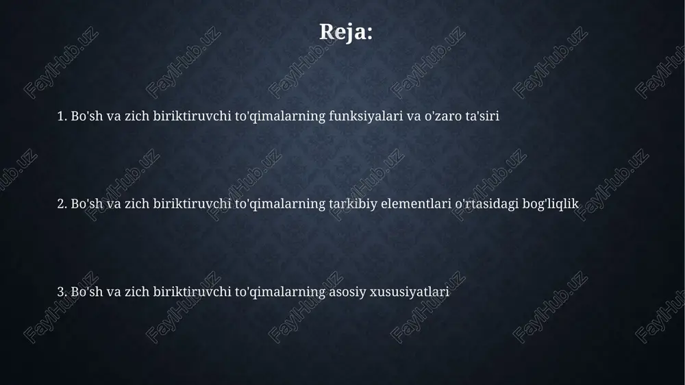 krofaglar, adipo sitlar) o'z ichiga oladi, zich to'qima esa asosan kollagen tolalaridan va oz sonli fibroblaslardan iborat. kelajakdagi tadqiqot yo'nalishlari yangi biomateriallarni ishlab chiqishda bo'sh va zich to'qimalarning biomexanik xususiyatlarini hisobga olgan holda, 3d-bioprinter texnologiyalaridan foydalanish va natijalarni in vitro va in vivo modellarda taqqoslash maqsadga muvofiq. bo'sh va zich biriktiruvchi to'qimalarning kasalliklarda (masalan, fibroz) o'zgarishlarini kantitativ va sifat jihatdan tahlil qilish uchun, 20 dan ortiq yangi biomarkerlarni aniqlash va ularning diagnostik ahamiyatini o'rganish zarur. bo'sh biriktiruvchi to'qimaning turlari yog' to'qimasi, bo'sh biriktiruvchi to'qimaning bir turi sifatida, organizmda energiya zaxirasi vazifasini o'taydi va taxminan 15-20% tanani tashkil qiladi, shuningdek, issiqlik izolatsiyasi va himoya funksiyasini bajaradi. bo'sh biriktiruvchi to'qimaning 3 asosiy turi mavjud: retikulyar, yog' va shilliq to'qimalar bo'lib, ular hujayralar orasidagi matritsa miqdori va tuzilishi bilan farqlanadi. bo'sh va zich to'qimalarning hujayralararo moddasi bo'sh biriktiruvchi to'qimalarning hujayralararo moddasi asosan suyuqlik va yupqa kollagen tolalaridan iborat bo'lib, hujayralar orasidagi masofa katta, …