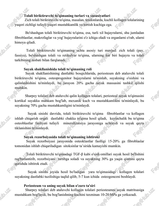 endonlarda, kuchli kollagen tolalarining yuqori zichligi tufayli yuqori mustahkamlik va tortish kuchiga ega. bo'shashgan tolali biriktiruvchi to'qima, esa, turli xil hujayralarni, shu jumladan fibroblastlar, makrofaglar va yog' hujayralarini o'z ichiga oladi va organlarni o'rab, ularni himoya qiladi. tolali biriktiruvchi to'qimaning uchta asosiy turi mavjud: zich tolali (pay, fassiya), bo'shashgan tolali va retikulyar to'qima, ularning har biri hujayra va tolali tarkibining nisbati bilan farqlanadi. suyak shakllanishida tolali to'qimaning roli suyak shakllanishining dastlabki bosqichlarida, periosteum deb ataluvchi tolali biriktiruvchi to'qima, osteoprogenitor hujayralarni ta'minlab, suyakning o'sishini va qalinlashishini ta'minlaydi, bu jarayon 20% gacha suyak massasini tashkil qilishi mumkin. sharpey tolalari deb ataluvchi qalin kollagen tolalari, periosteal suyak to'qimasini kortikal suyakka mahkam bog'lab, mexanik kuch va mustahkamlikni ta'minlaydi, bu suyakning 70% gacha mustahkamligini ta'minlaydi. suyak sinishi davrida, tolali biriktiruvchi to'qima fibroblastlar va kollagen ishlab chiqarish orqali dastlabki chakka to'qima hosil qiladi, keyinchalik bu to'qima osteoblastlar faoliyati tufayli mineralizatsiya jarayoniga uchraydi va suyak qayta tiklanishini …