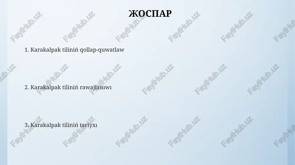 ksikası 30% den aslam pers-arab, türk, rus, ózbek sózlerini óz ishinde birlestirip, ona baylıq beredi, tariyxiy-madaniy baylanıslarǵa kóz qaras beredi. ózgeshelikleri hám baylıǵı karakalpak tiliniń 11 fonemaǵa iye bolǵanlıǵın, bul san basqa túrk tillerinen ayırıqsha ekenligin kórsetedi, ádebiy til normasınıń qalıptasıwında da olar úles qosadı. ózgeshelikleri hám baylıǵı grammatik sistemasınıń bir qansha xalıq aralıq tili norması menen uyǵın bolıwı, söz tartibine baylanıslı özgesheliklerge iye bolıwı menen anıqlanadı, buniń 5-6 tili uyǵınlıǵı bar. karakalpak tiliniń tariyxı karakalpak tili, qaraqalpaq xalqınıń ana tili bolıp, onıń dialektleri arasında qızılqum, amudarya, şimbay dialektleri bar, bulardıń arasındag'ı leksikalıq ayırımlar bar. karakalpak tilindegi morfologikalıq quraldar, mısalı, affiksler, qosımshalar, 100 den aslam túrli grammatıkalıq funksiyalardı bildiredi, so'nıń ishinde zaman, jay, san sıyaqlı kategoriyalar bar. karakalpak tili 1920-jıllardan baslap jazuw sistemasın o'zgertip, kiril elifbesine o'tti, keyinirek latin grafıkasına da o'tken, biraq qaytadan kirilge qaytqan. qonısqan xalıq arasındaǵı tarqalısı qaraqalpaq tiliniń qaraqalpaqstan respublikasında 1 millionnan aslam adam sóylesedi, bul …