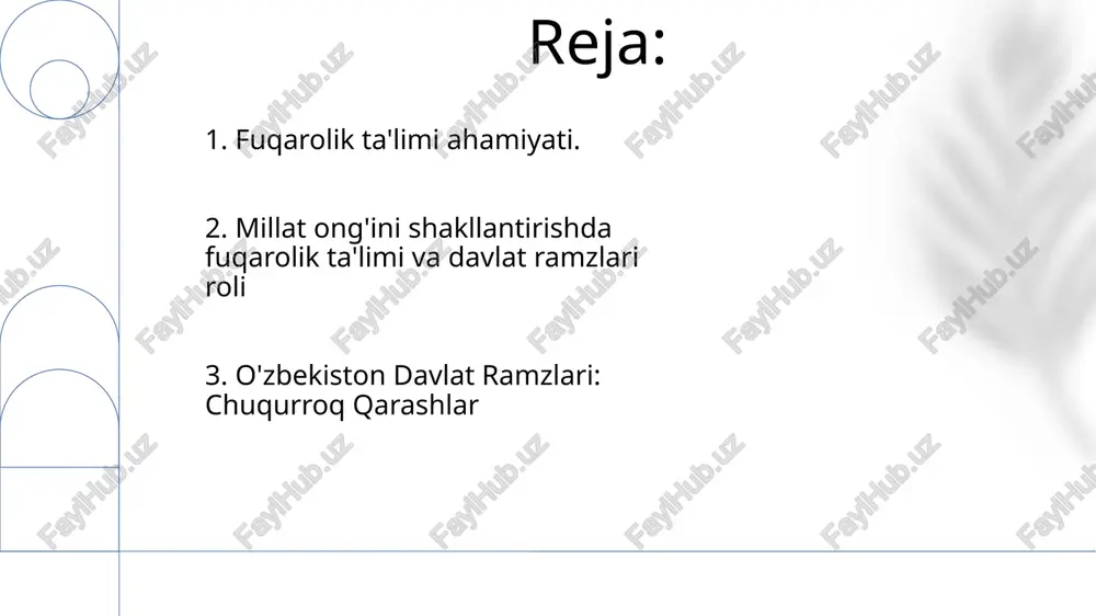 ramziylashtiradi. 7. fuqarolik ta'limi va davlat ramzlarining ahamiyati. o'zbekistonning fuqarolik ta'limi vatanparvarlik, qonunga hurmat va demokratik qadriyatlarga e'tibor qaratadi, davlat ramzlari esa bayroq, madhiya va gerbdan iborat. davlat ramzlari milliy identifikatsiya, tarix va qadriyatlarni ifodalaydi, odamlarni umumiy merosiga birlashtiradi. e'tiboringiz uchun rahmat @taqdimot_robot image1.png image2.jpg image3.jpg image4.jpg image5.jpg image6.jpg image7.jpg image8.jpg