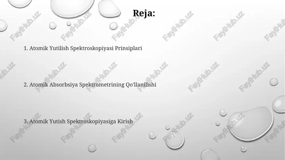 shbu texnologiya atrof-muhitni monitoring qilish, oziq-ovqat xavfsizligi va klinik kimyo kabi turli sohalarda keng qo'llaniladi. aas gaz holatdagi atomlar tomonidan yorug'likning o'ziga xos to'lqin uzunliklarini yutish printsipiga asoslanadi. atomik yutilish spektroskopiyasi (ays) namunadagi elementar tarkibni aniqlash uchun ishlatiladigan juda sezgir va tanlab olish xususiyatiga ega analitik usuldir. atomik yutilish spektrometrining qoʻllanilishi klinik kimyo: diagnostika va kuzatish uchun qonda, siydikda va to'qimalarda metall darajalarini o'lchash. oziq-ovqat xavfsizligi: oziq-ovqat va ichimlik mahsulotlarida iz elementlarini tahlil qilish. ekologik monitoring: suv, tuproq va havoda og'ir metallar kontsentratsiyasini aniqlash. e'tiboringiz uchun rahmat @taqdimot_robot image1.png image2.png image3.png