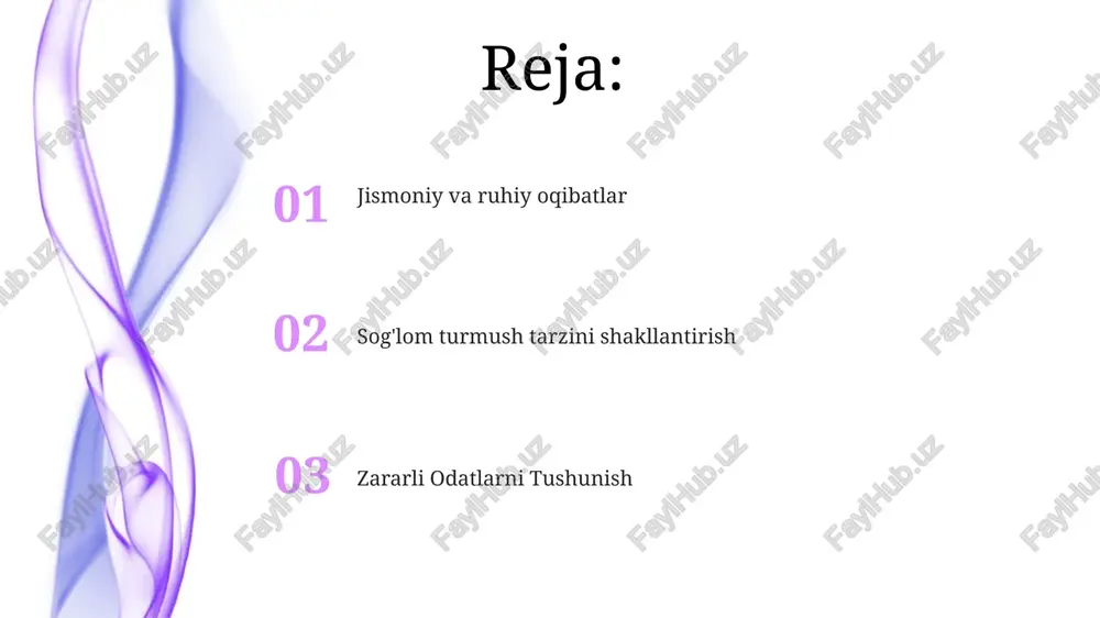 , oilangiz yoki mutaxassislar yordamidan foydalanib, javobgar va motivatsiya toping. odatiy holatlarni keltirib chiqaradigan holatlarni aniqlash va muqobil strategiyani ishlab chiqish. jismoniy sog'liqqa ta'siri tezlashgan hujayra shikastlanishi tufayli erta qarish va hayot davomiyligining qisqarishi. immunitetning zaiflashu, infeksiyalarga moyillikni oshiradi. yurak kasalligi, insult va saraton kabi surunkali kasalliklar xavfini oshirish. giyohvandlikni tushunish giybat, salbiy oqibatlarga qaramay, majburiy xatti-harakatlarni o'z ichiga oladi. sog'lom turmush tarzini shakllantirish giyohvandlikni tushunish va unga qarshi kurashishni o'z ichiga oladi. zararli odatlar jismoniy va ruhiy salomatlikka salbiy ta'sir qiladi. ijtimoiy hayotga ta'siri jismoniy va ruhiy sog'liqning o'zaro bog'liqligi to'g'risida chuqurroq tushuncha. sog'liqqa tahdidlar haqida xabardorlikning ortishi, sog'lom tanlovlarga olib keladi. zararli odatlar uchun yordam so'rash bilan bog'liq ijtimoiy sharmandalik kamaydi. e'tiboringiz uchun rahmat @taqdimot_robot image1.jpeg image2.jpeg image3.jpeg