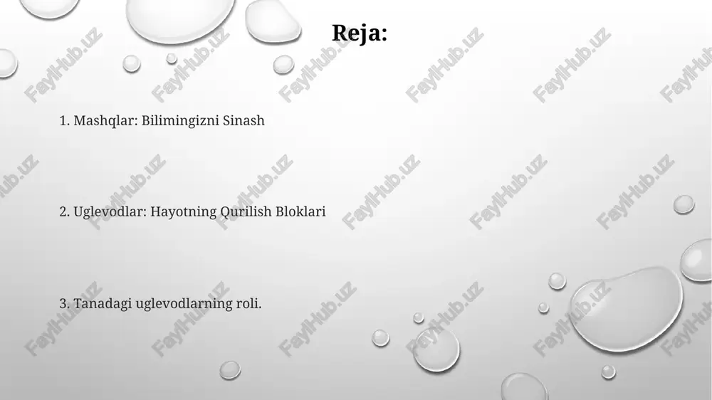 arga oq non, shirin ichimliklar va shirinliklar kiradi. energiya ishlab chiqarish uglevodlarning yog'lar va oqsillar kabi boshqa moddalar bilan energiya ishlab chiqarishdagi o'zaro ta'siri. uglevodlarning parchalanishi va energiya chiqarilishi. uglevod almashinuvida fermentlar va gormonlarning roli. uglevod almashinuvi turli xil uglevodlar qand miqdoriga qanday ta'sir qiladi? uglevod almashinuvida qatnashadigan asosiy fermentlar qanday? tanada uglevodlar qanday qilib energiya uchun parchalanadi? qon shakarini tartibga solish tanada insulin va glyukagon qand miqdorini qanday boshqaradi? uglevodlar qand miqdoriga qanday ta'sir qiladi? qondagi shakar miqdorini tartibga soluvchi organizmdagi moddalar qanday? uglevod iste'moli va sog'liq turli xil uglevodlar sog'liqqa qanday ta'sir qiladi? kunlik uglevod miqdori va uning sog'liqqa ta'siri qanday? uglevodlar nima va ularning organizmdagi roli qanday? e'tiboringiz uchun rahmat @taqdimot_robot image1.png image2.png image3.png