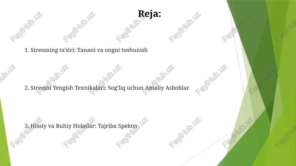onning hissiy va ruhiy holati turli omillar, jumladan, fikrlar, tuyg'ular va xatti-harakatlar ta'sirida bo'lishi mumkin. chuqur nafas olish va dam olish stress ruhiy va jismoniy sog'liqqa jiddiy ta'sir ko'rsatishi mumkin, natijada tashvish, depressiya va hatto jismoniy kasalliklarga olib keladi. chuqur nafas olish va dam olish texnikalari insonning hissiy va ruhiy holatiga sezilarli ta'sir qiladi, asab tizimini tinchlantiradi va stressni kamaytiradi. e'tiboringiz uchun rahmat @taqdimot_robot image1.jpg image2.jpg image3.jpg image4.jpg image5.jpg image6.jpg image7.jpg
