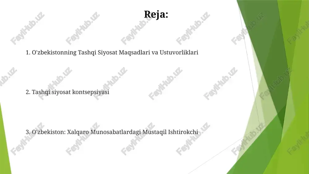 barqarorlikni ustuvor deb biladi. o'zbekistonning iqtisodiy diplomatiyasi oʻzbekiston xalqaro munosabatlarda toʻla huquqli ishtirokchi sifatida oʻz taqdirini shakllantirishda faollik koʻrsatmoqda. o'zbekiston xalqaro mavqeyini mustahkamlash va xorijiy investitsiyalarni jalb qilish maqsadida faol iqtisodiy diplomatiya bilan shug'ullanadi. o'zbekistonning shavkat mirziyoyev davrida tashqi siyosati o'zbekiston xalqaro munosabatlarning to'laqonli sub'ekti bo'lishni, global boshqaruvda faol ishtirok etishni va dunyo miqyosida o'z manfaatlarini himoya qilishni maqsad qilgan. shavkat mirziyoyev boshchiligidagi oʻzbekiston tashqi siyosati mintaqaviy hamkorlik, iqtisodiy rivojlanish va xalqaro aloqalarni mustahkamlashga qaratilgan. o'zbekistonning global masalalar bo'yicha pozitsiyasi o'zbekiston ko'p tomonlama diplomatiyada faol ishtirok etadi, muhim global institutlar va tashabbuslarga qo'shiladi. oʻzbekistonning tashqi siyosati tinchlik, barqarorlik va taraqqiyotni ustuvor vazifa sifatida belgilab oladi. o'zbekistonning mintaqaviy aloqalari o'zbekistonning tashqi siyosati milliy manfaatlarni ustuvor qilib, xavfsiz va farovon muhit yaratishga qaratilgan. o'zbekiston xalqaro munosabatlarda muhim rol o'ynab, global muhokamalar va kelishuvlarga ta'sir ko'rsatmoqda. o'zbekiston tashqi siyosatining tarixiy konteksti o'zbekiston tashqi siyosati konsepsiyasi milliy xavfsizlik, iqtisodiy rivojlanish va mintaqaviy barqarorlikka ustuvorlik …