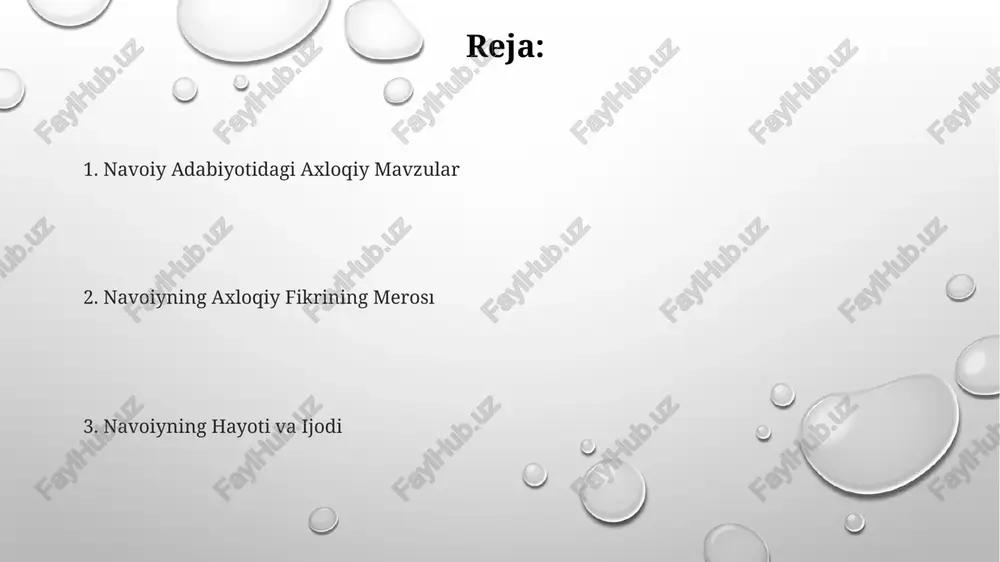 'zini aks ettirishning ahamiyatiga ishongan. navoiyning asarlari, ayniqsa "makhzan ul-asrar", axloqiy tamoyillarni, ayniqsa ijtimoiy adolat va mehr-shafqatni o'rganadi. navoiy insonparvarlik, fazilat va ichki uyg'unlikni axloqiy hayotning asosiy qismi deb hisoblagan. sufizmning roli navoiyning axloqiy ta'limlari sufizm va islom an'analaridan ilhom olib, mehr-shafqat, adolat va uyg'unlikni targ'ib qiladi. alisher navoiyning "qushlar majlisi" kabi asarlari fazilat, donolik va o'zini takomillashtirish kabi axloqiy mavzularni o'rganadi. sufizm ichki ma'naviy rivojlanish va axloqiy xulq-atvorga urg'u beradi. navoiyning o'zbek madaniyatiga ta'siri navoiy o'z asarlari orqali axloqiy xulq-atvorni targ'ib qildi, axloqiy tamoyillar va jamiyat uyg'unligini ta'kidladi. navoiyning asarlari oʻzbek madaniy identifikatsiyasiga chuqur singib ketgan, badiiy va falsafiy mulohazalarni shakllantirgan. navoiy o'zbek tilini va adabiyotini yuksaltirdi, bu esa badiiy ifoda oltin davrini yaratdi. e'tiboringiz uchun rahmat @taqdimot_robot image1.png image2.png image3.png