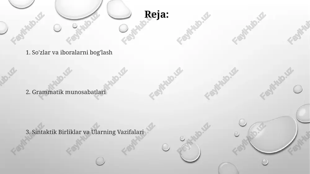aloqalar ma'no va grammatik tuzilmani ochib beradi. so'zlarning gapdagi bog'lanishini (mavzu-fe'l, ot-sifat) sintaktik bog'lanishlar ko'rsatadi. so'z turlari so'zlarning vazifasini aniqlaydi (otlar, fe'llar, sifatlar, va hokazo). sintaksisga kirish sintaksis jumla tuzilishini o'rganadi. so'zlar va iboralar jumla ichida qanday bog'langanligini sintaktik bog'lanishlar ko'rsatadi. munosabatlar fe'l bilan mavzu uyg'unligini, ot bilan sifat o'rtasidagi munosabatlarni va gaplarning bog'lanishini o'z ichiga oladi. e'tiboringiz uchun rahmat @taqdimot_robot image1.png image2.png image3.png
