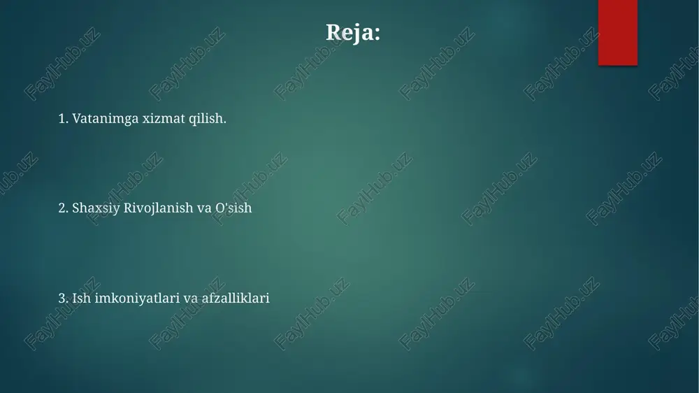 rish. shaxsiy rivojlanish: o'zimni sinovdan o'tkazish, to'siqlarni yengish va yanada mas'uliyatli va intizomli shaxs bo'lish. yetakchilik rivoji: ko'nikmalarimni oshirish, boshqalarga ilhom berish va jamoaga hissa qo'shish shaxsiy motivatsiyam o'zimni sinash va liderlik ko'nikmalarini rivojlantirish. qimmatli tajriba orttirish va kelajagim uchun mustahkam poydevor yaratish. vatanimga xizmat qilish va uning erkinligini himoya qilish. e'tiboringiz uchun rahmat @taqdimot_robot image1.png image2.png image3.png image4.png image5.png image6.png image7.png image8.png image9.png image10.png