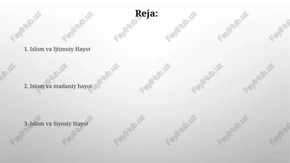 ayotga katta ta'sir ko'rsatadi, jamoa, xayriya va adolatga urg'u beradi. qiyinchiliklar va tortishuvlar g'arbiy demokratiyalarda islomning roli musulmon jamoalarining integratsiyasi vs. ajratilishi san'at va madaniyat islom sanʼati, meʼmorchiligi, adabiyoti va musiqasi madaniy ifoda vositasidir. islom qonunlari huquqiy tizimlarga, boshqaruvga va siyosiy g'oyalarga ta'sir qiladi. payg'ambar muhammadning roli payg'ambar muhammadning roli: islomning asoschisi, qur'onni olib keldi, birinchi musulmon jamoasini tashkil qildi. islomning siyosiy va madaniy ta'siri: musulmon dunyosidagi hukumatlar, qonunlar va san'atni shakllantirdi, ilmiy taraqqiyotga, me'morchilikka va adabiyotga hissa qo'shdi. siyosiy tizimlar va boshqaruv islom madaniy hayotdagi roli: islom san'at, musiqa, adabiyot va me'morchilikni shakllantiradi, islom qadriyatlari va e'tiqodlarini aks ettiradi. islom ijtimoiy hayotda rol o'ynaydi: islom ijtimoiy aloqalar, oila tuzilmalari va axloqiy xulq-atvorga oid ko'rsatmalar beradi. islomning fan va falsafa sohasiga qo'shgan hissasi islomda ta'lim va bilimga qaratilgan e'tibor bag'doddagi hikmat uyiga o'xshash nufuzli bilim markazlarining paydo bo'lishiga olib keldi, bu esa intellektual o'sish va ilmiy tadqiqotlarni rag'batlantirdi. islom turli …