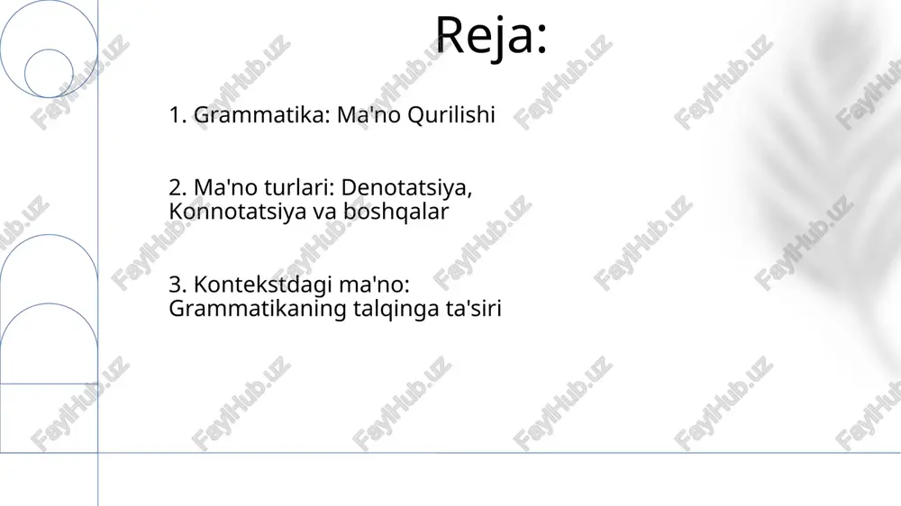 sini bildiradi. u sintaktik noaniqlik ta'sirida bo'lishi mumkin, bu esa bir nechta talqinlarga olib keladi. 7. sintaktik noaniqlik gapning ma'nosi yoki fikri. grammatika: til foydalanish qoidalarini, jumla tuzilishini, soʻz shakllarini va tinish belgilarini oʻz ichiga oladi. jumlalar tuzilishi: so'zlar va iboralarning jumladagi tartibi. 8. gap satr tuzilishi. sintaksis: gap tuzilishi qoidaları. grammatika: tilni qo'llash qoidalari tizimi. til tomonidan yetkazilgan xabar. 9. sintaksis so'zlarning ko'p ma'noliligi: bir so'zning bir nechta ma'noga ega bo'lishi, bu esa talqin qilishda noaniqlikka olib keladi. tilni tushunish yoki talqin qilish, so'zlarning turli ma'nolari (to'g'ri, majoziy, nazarda tutilgan) ni o'z ichiga oladi. grammatika: jumla tuzilishi va so'z tartibi qoidalarini nazarda tutuvchi, ma'noni ta'sir qiluvchi tizim. 10. so'zlarning ko'p ma'noliligi grammatika: til tuzilishi qoidalarini, shu jumladan so'z tartibi, tinish belgilarini va fe'lni birlashtirishni o'z ichiga oladi. so'z, iboralar yoki gapning ma'nosi. ma'no harfiy, majoziy yoki nazarda tutilgan bo'lishi mumkin. so'z turkumlari: gapda o'z vazifasiga ko'ra tasniflangan so'zlar (masalan, …