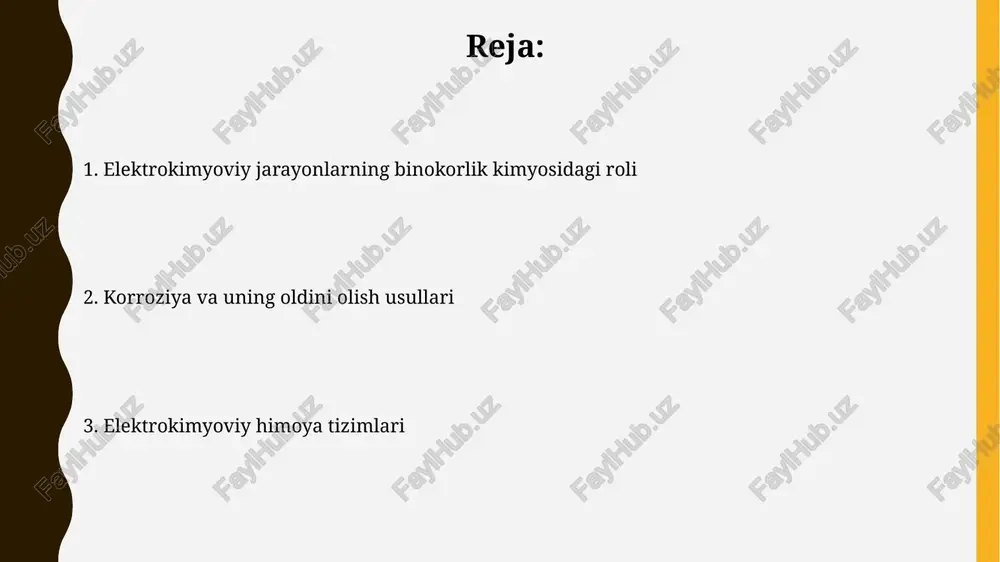 ishlatiladigan metallarning elektrokimyoviy xususiyatlari alyuminiyning yuqori elektrokimyoviy potensiali (+1.66v) uni korroziyaga chidamli qiladi, lekin ishqorli muhitda korroziya tezlashadi. temirning standart elektrokimyoviy potensiali -0,44 v bo'lib, u korroziyaga moyilligini ko'rsatadi, shuning uchun binolarda uning himoyasi muhim ahamiyatga ega. qurilish materiallarida korroziya jarayonlari betonning gidratatsiyasi jarayonida ph qiymati 12-13 ga yetishi mumkin, bu esa beton ichidagi temir armaturalarining passivlanishiga yordam beradi, ammo karbonatatsiya jarayoni bu passiv qatlamni buzadi. korroziya jarayonining tezligi metallarning elektrokimyoviy potensialiga, atrof-muhitning agressivligini ko'rsatuvchi ph darajasiga va temperaturaga bog'liq bo'lib, 0.1 mm/yil dan 1 mm/yilgacha o'zgarib turishi mumkin. elektrokimyoviy usullar yordamida qurilish materiallarini tekshirish potensiometrik titrlash usuli bilan sementli ohak tarkibidagi ionlarning miqdorini (ca2+, so42-, cl-) aniqlash va shu asosida materialning sifati va mustahkamligi to'g'risida xulosa chiqarish mumkin. elektrokimyoviy impedans spektroskopiyasi (eis) yordamida 10-6 dan 106 gts gacha chastotalarda qurilish materiallarining elektrokimyoviy xususiyatlarini, masalan, korroziya jarayonlarini o'rganish mumkin. e'tiboringiz uchun rahmat @taqdimot_robot image1.jpg image2.jpg image3.jpg image4.jpg image5.jpg image6.jpg image7.jpg