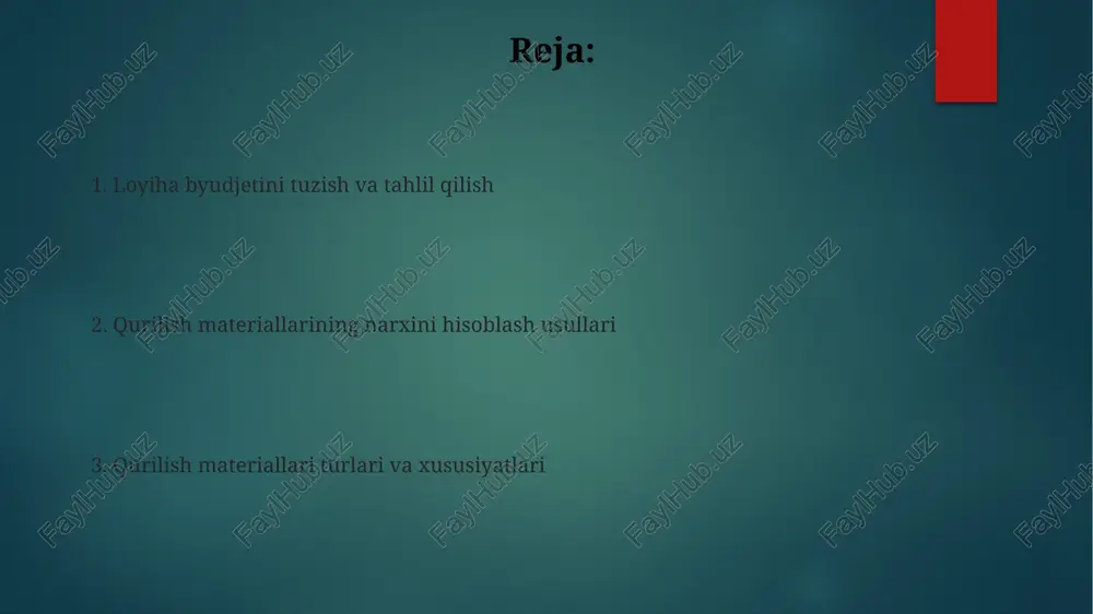 rxlar ko'rsatilishi kerak. narxlarning shakllanishi loyihaning murakkabligi va hajmi ham qurilish materiallari narxining aniqlanishida muhim ahamiyatga ega. masalan, 5 qavatli binoning qurilishida materiallar xarajati 10 qavatli binoga nisbatan ancha farq qiladi. narxlarning shakllanishiga xomashyo narxlari, ish haqi, transport xarajatlari va inflyatsiya kabi omillar sezilarli ta'sir ko'rsatadi, masalan, sement narxi 15% oshsa, umumiy qurilish xarajatlariga 5-7% ta'sir qilishi mumkin. materiallar narxini tahlil qilish materiallar narxining o'rtacha 15-20% gacha o'zgarishi loyihaning umumiy byudjetini sezilarli darajada o'zgartirishi mumkin, shuning uchun aniq narxlarni aniqlash juda muhim. narxlarni tahlil qilishda materiallar sifatini, yetkazib berish shartlarini (masalan, 1000 dona g'isht uchun 5% chegirma) va bozor kon'yunkturasi kabi omillarni hisobga olish kerak. transport xarajatlari yuk tashish masofasi 100 km dan oshganda transport xarajatlari 20% ga oshadi, bu esa har bir kubometr qurilish materialiga qo'shimcha 5000 so'm xarajat qo'shilishiga olib keladi. materialning og'irligi va hajmi transport xarajatlarini hisoblashda asosiy omillar bo'lib, 1 tonna material uchun o'rtacha 100.000 so'm …