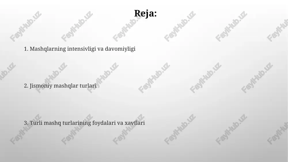 oniy tayyorgarlik komponentlarini nishonga oladi. muntazam jismoniy mashqlarning foydalari yaxshilangan jismoniy va ruhiy salomatlik, surunkali kasalliklar xavfini kamaytirish, energiya darajasining oshishi. muntazam jismoniy mashqlar yurak-qon tomir salomatligini yaxshilaydi, stressni kamaytiradi va uyquning sifatini oshiradi. kross-trening yurak-qon tomir, kuch, moslashuvchanlik va muvozanat bo'yicha mashqlarni guruhlash. kross-trening turli xil fitness maqsadlariga erishish uchun turli xil mashq turlarida qatnashni o'z ichiga oladi. funktsional mashg'ulotlar funksional mashg'ulotlar: haqiqiy hayot harakatlarini taqlid qiluvchi mashqlar, funktsional kuch, quvvat va barqarorlikni yaxshilaydi. jismoniy mashqlarni tasniflash: harakat turi (masalan, bukiladigan, cho'ziladigan), mushak guruhi (masalan, ko'krak, oyoq) va mashg'ulot maqsadi (masalan, kuch, chidamlilik) bo'yicha. anaerobic mashqlar anaerob mashqlar mushak massasi va kuchini oshiradi, yurak-qon tomir salomatligini yaxshilaydi va metabolizmni tezlashtiradi. anaerob mashqlar mushaklarga saqlangan energiyani ishlatadigan, 2 daqiqadan kam davom etadigan, yuqori intensivlikdagi mashqlardir, masalan, sprint yoki og'irlik ko'tarish. yuqori intensivlikli intervalli mashq (hiit) hiit qisqa va intensiv mashqlarni qisqa tiklanish davrlari bilan almashtiradi. hiit yuqori intensivlik va qisqa …