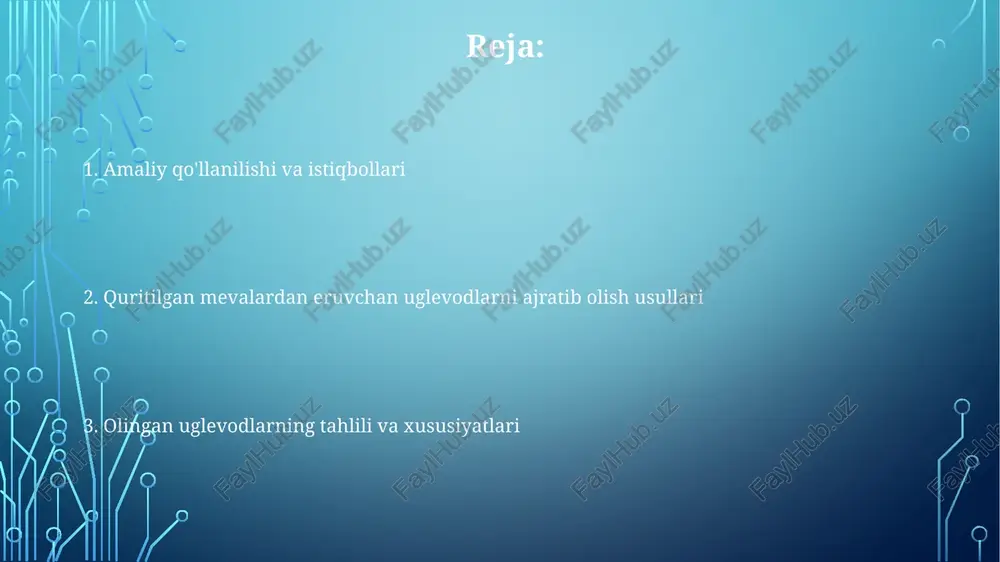 sh va konsentratsiyalash usullari rotatsion bug'lantirish usuli past bosim va yuqori haroratda (40-60°c) suvni bug'latib, eruvchan uglevodlarning konsentrlangan eritmasini olish imkonini beradi, bu esa energiya sarfini kamaytiradi. membrana filtrlash usuli 0.2-0.45 mikrometrli membranalardan foydalanib, katta molekulali birikmalarni ajratib, eruvchan uglevodlar konsentratsiyasini oshirishga imkon beradi. quritilgan mevalardan eruvchan uglevodlarni ajratib olishda suvli ekstraksiya usuli 80-90°c haroratda 2-3 soat davom etadi va samaradorlikni oshirish uchun ultratovush yordamida tezlashtirilishi mumkin. ekstraksiya usullari qaynatish usulida 80-90°c haroratda 30-60 daqiqa davomida suvda qaynatish orqali eruvchan uglevodlarni samarali ajratib olish mumkin, bu usul oddiy va arzon hisoblanadi. ultrasonik ekstraksiya, yuqori chastotali tovush to'lqinlarini qo'llagan holda, 15-30 daqiqada 60-70% gacha eruvchan uglevodlarni chiqarib olish imkonini beradi, bu esa vaqtni tejashga yordam beradi. suyuqlik ekstraksiyasi, masalan, suv yoki etanol bilan, harorat va vaqt parametrlariga (masalan, 4°c da 24 soat) qarab, turli xil eruvchan uglevodlar fraksiyalarini ajratib olishga imkon beradi. quritilgan mevalardan eruvchan uglevodlarni ajratib olishning ahamiyati eruvchan uglevodlarni …