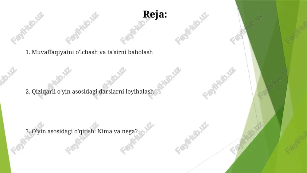 faol o'rganish: o'yinlar ishtirok etish va hamkorlikni rag'batlantirib, faol o'rganishni rivojlantiradi. o'yinlarni darslikka qo'shish talabalarning interaktiv o'quv tajribalari orqali jalb qilinishini va motivatsiyasini oshirish. hamkorlikni, muammolarni hal qilishni va tanqidiy fikrlash ko'nikmalarini qiziqarli va jozibali tarzda rivojlantirish. o'yinlar samaradorligini baholash o'yinchi qiziqishi, o'yin vaqti va o'ynashni davom ettirish istagini baholang. o'yin asosidagi o'qitishning haqiqiy hayot sharoitlariga o'tishi va o'yin bo'lmagan vazifalarda samaradorlikni oshirishini tahlil qiling. istiqlol va motivatsiyani mustahkamlash o'yin asosidagi darslar faol ishtirok etishni rag'batlantiradi va erishiladigan qiyinchiliklar orqali ishonchni oshiradi. o'yin kabi vaziyatlarda muvaffaqiyat haqiqiy dunyo ko'nikmalariga va muvaffaqiyat hissiga aylanadi. to'g'ri o'yinni tanlash aniq o'quv maqsadlari va baholashni rejalashtiring. o'quvchilar qanday ko'nikmalar va bilimlarga ega bo'lishlari kerakligini va ularning progressini qanday o'lchashni aniq belgilang. talabalarning qiziqishlari va faol ishtirokini hisobga oling. ularni o'ziga jalb qiladigan va rag'batlantiradigan, ularni faol ishtirok etishga undaydigan o'yinni tanlang. turli o'quv uslublariga murojaat qilish ko'rish, eshitish va harakatlanishni o'rganuvchilarni turli o'yin mexanizmlari …
