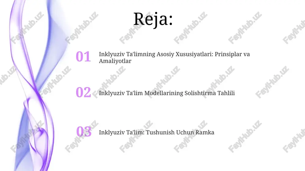 rish imkoniyati bo'lgan resurslar. hammasi uchun qulay va qo'llab-quvvatlovchi muhit yaratib, inklyuziv maktab jamoalarini yaratish kerak. inklyuziv baholash amaliyotlari inklyuziv baholovchi amaliyotlar turli xil o'quvchilarni tushunish, moslashuvchan usullardan foydalanish va kirish imkoniyatini ta'minlashga qaratilgan. barcha o'quvchilar uchun ishtirok etish, farqlarga hurmat va shaxsiylashtirilgan o'qitishni targ'ib qiluvchi inklyuziv ta'lim modellari. inklyuziv ta'limning xususiyatlariga hamkorlikda o'qish, farqlashgan ta'lim va qo'llab-quvvatlovchi muhitlar kiradi. yordamchi texnologiya va moslashuvlar yordamchi texnologiyalar nogiron bolalarga ta'lim olish va o'rganishda to'liq ishtirok etish imkonini beradi. barcha o'quvchilar, shu jumladan nogironlarning ehtiyojlarini qondirishga qaratilgan o'quv muhitlarini yaratishga qaratilgan inklyuziv ta'lim modellari. inklyuziv ta'limning asosiy xususiyatlari hamkorlik, differentsiallashtirilgan o'qitish va individual yordamdir. universal o'qitish dizayni (uod) inklyuziv ta'lim modellarining xususiyatlari: individualizatsiya qilingan o'qitish, farqlashgan o'qitish, hamkorlikda o'qitish va kirish mumkin bo'lgan o'quv materiallari. barcha o'quvchilar uchun o'rganish imkoniyatlarini ta'minlaydigan ta'lim tizimi universal dizayn o'rganish (udo). inklyuziv ta'lim modellari barcha o'quvchilar uchun qo'llab-quvvatlovchi va adolatli o'quv muhitini yaratishga qaratilgan. inklyuziv ta'lim: …