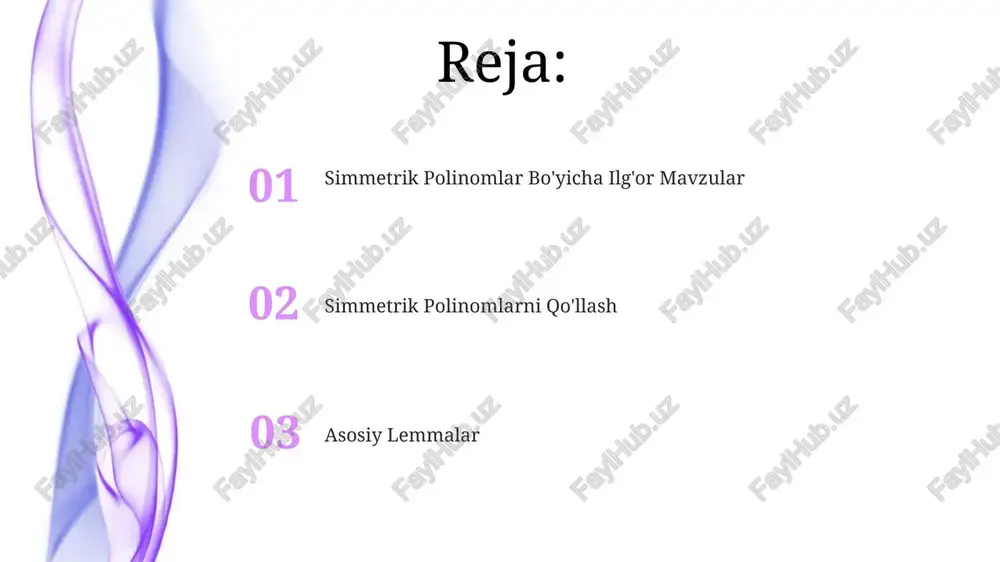 ar simmetrik polinomlar: koeffitsiyentlari o'zgarmas qoladigan, o'zgaruvchilarning har qanday tartibini o'zgartirishda o'zgarmas qoladigan polinomlar. ular darajasi va o'zgaruvchilar soniga ko'ra tasniflanadi. lemma isbotlari: isbotlar ko'pincha induksiya, kombinatorial dalillar va simmetrik polinomlarning xossalarini ishlatishni o'z ichiga oladi. simmetrik polinomlar haqida lemmalar: asosiy lemmalarga simmetrik polinomlarning asosiy teoremasi kiradi, u har qanday simmetrik polinomni elementar simmetrik polinomlarda ifodalash mumkinligini ta'kidlaydi. umumiylashtirish va kengaytirish isbotlar, induksiya va kombinatorial dalillar kabi usullarni qo'llagan holda, bu xususiyatlarni qat'iy ravishda namoyish etadi. umumiylashtirish ko'p o'zgaruvchan polinomlarga, faqat simmetrik funktsiyalardan ko'proqni o'z ichiga oladi. simmetrik polinomlarning asosiy xususiyatlarini, masalan, simmetrik polinomlarning asosiy teoremasini aniqlaydi. simmetrik polinomlarning asosiy teoremasi elementar simmetrik polinomlar bazaviy maydon ustida algebraik jihatdan mustaqil to'plamni hosil qiladi. har qanday simmetrik polinom elementar simmetrik polinomlarning polinomidir. har qanday simmetrik polinomni elementar simmetrik polinomlar bo'yicha noyob tarzda ifodalash mumkin. elementar simmetrik polinomlar simmetrik polinom o'zgaruvchilar almashtirilganda o'zgarmaydi. boshlang'ich simmetrik polinomlar - bu barcha mumkin bo'lgan o'zgaruvchilar …