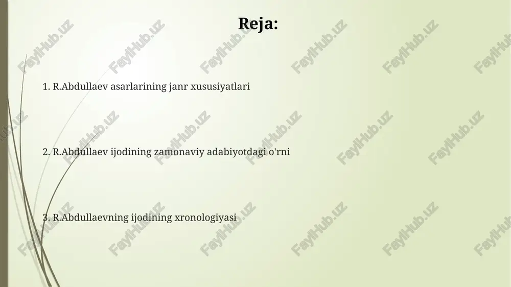 mavzuga bag'ishlangan. ijtimoiy-falsafiy muammolar, jumladan, adolatsizlik va tengsizlik masalalari uning 15 ga yaqin she'rlarida aks ettirilgan bo'lib, tanqidiy realistik uslubni namoyon etadi. dramaturgiyasi r.abdullayevning "dramaturgiyasi"da 20 dan ortiq pyesa mavjud bo'lib, ularning aksariyati milliy dramatik an'analarga asoslangan. dramaturgning 10 dan ortiq asarlari sahnalashtirilgan, bu uning asarlarining tomoshabinlar orasida katta qiziqish uyg'otganligini ko'rsatadi. uning dramaturgiyasida psixologik realizm va zamonaviy dramaturgiya uslublarining uyg'unligi kuzatiladi, jumladan, 5 ta asari xorijiy tillarga tarjima qilingan. r. abdullayevning hayoti va ijodi r.abdullayevning ijodiy faoliyati davomida 3 ta roman va 10 dan ortiq qissa va hikoyalar yozgan, ular o'zbek adabiyoti tarixida muhim o'rin egallaydi. uning she'riyati lirikaga boy bo'lib, vatanga muhabbat, insoniylik, tabiat go'zalligi kabi mavzularda 500 dan ortiq she'rlar yaratgan. r.abdullayev 1950-yillarda ijodini boshlab, 20 dan ortiq she'r to'plamlarini nashr ettirgan, shuningdek, dramatik asarlar yozgan va milliy adabiyotga katta hissa qo'shgan. tarjima ishlari r.abdullayevning "tarjima ishlari" toʻplamida 100 dan ortiq sheʼr va qissalar oʻzbek va rus …