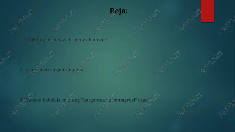 igi va bilimga intilish kabi, 21-asrda ham, demokratiya va intellektual rivojlanishning muhim ahamiyatga ega bo'lgan qadriyatlari sifatida qoladi. fransua rabelais haqida qisqacha ma'lumot frantsuaz rabelais 1494-yilda chinon shahrida tugʻilib, 1553-yilda parijda vafot etgan, oʻz davrining taniqli yozuvchisi va shifokori boʻlgan. uning "gargantua va pantagruel" asari 5 qismdan iborat boʻlib, satira va grotesk uslubida yozilgan, jumladan, 16-asr jamiyatini qattiq tanqid qiladi. o'rta asr madaniyatiga oid satira rabelaisning “gargantua va pantagruel” asari oʻrta asr cherkovi va ruhoniylarining ipokriziyasini, 500 yildan ortiq vaqt oʻtgach ham dolzarb boʻlib qolgan ijtimoiy muammolarni fasih va hazilkash uslubda fosh qiladi. rabelais oʻrta asr feodal tizimining ahmoqona qonunlari va adolatsizliklarini taxminan 5-6 bobda koʻrsatib, uning ijtimoiy tengsizlikka oid qarashlarini ifodalaydi. inson tabiatining aks ettirilishi asarda 100 dan ortiq turli xil obrazlar orqali insoniy zaifliklar, jumladan, ahmoqlik, yolg‘onchilik va yolg‘on gapirish kabi illatlar yorqin ifodalangan. kitobdagi giperbolalar va grotesk tasvirlar orqali insonning cheksiz ochko‘zligi va o‘ziga haddan tashqari ishonchining …