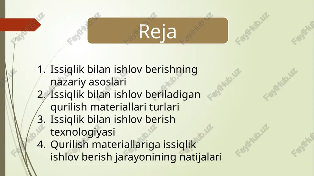 oviy holatini o‘zgartirishga asoslangan. ushbu formula issiqlikning yuqori haroratli qatlamdan past haroratli qatlamga oqishini ifodalaydi. qurilish materiallari, masalan, beton yoki g‘isht tarkibida issiqlik o‘tkazuvchanlik darajasi ularning g‘ovaklik darajasi, zichligi va namligiga bog‘liq bo‘ladi. zich materiallarda issiqlik tezroq o‘tadi, chunki ularda havo g‘ovaklari kam bo‘ladi. issiqlik bilan ishlov berish jarayonida materialning har bir nuqtasida harorat o‘zgarishi vaqtga ham bog‘liq. bu jarayon issiqlik tarqalish tenglamasi orqali ifodalanadi: issiqlik bilan ishlov berish texnologik jarayonlari issiqlik bilan ishlov berish texnologik jarayonlari qurilish materiallarining sifat ko‘rsatkichlarini oshirish, ularning mustahkamligi va bardoshliligini ta’minlash maqsadida amalga oshiriladi. bunda materialga ma’lum haroratda, ma’lum vaqt davomida issiqlik energiyasi beriladi va shu orqali ichki fizik-kimyoviy o‘zgarishlar sodir bo‘ladi. issiqlik ishlovi jarayoni har xil material turlariga qarab turlicha sharoitda olib boriladi. masalan, g‘isht va keramika buyumlar pishirish pechlarida, beton buyumlar esa avtoklavlarda yoki elektr issiqligi yordamida ishlov beriladi. texnologik jarayon bir necha bosqichlardan iborat bo‘lib, har biri material sifatiga bevosita ta’sir …