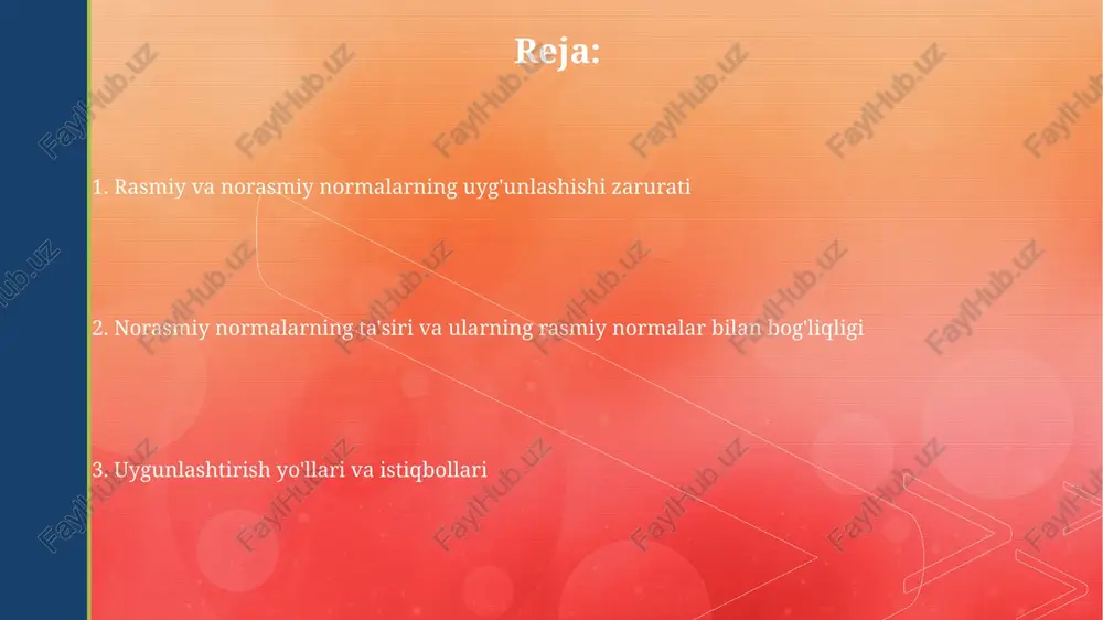 amiyat a’zolarining 80% dan ortig'i rasmiy qonunlar va normani hurmat qilishi, qolgan 20% esa norasmiy qoidalarga rioya qilishi muhim, bu ikki yo'nalishni muvozanatlasagina samarali natijaga erishiladi. ijtimoiy barqarorlik indeksi (ibi) ko'rsatkichiga ko'ra, rasmiy va norasmiy normalarning uyg'unligi 0.75 dan yuqori bo'lganda, jinoyatchilik darajasi 40% ga kamayadi va ijtimoiy rivojlanish tezlashadi. rasmiy me'yorlarning ahamiyati rasmiy me'yorlar huquqiy tartibni ta'minlaydi, jamiyatda 30 dan ortiq turdagi huquqiy munosabatlarni aniq tartibga soladi va ijtimoiy adolatni mustahkamlashga xizmat qiladi. rasmiy me'yorlar orqali davlat 5 ta asosiy funksiyasini, jumladan, xavfsizlikni ta'minlash, ijtimoiy himoyani amalga oshirish va iqtisodiyotni boshqarishni samarali amalga oshiradi. muvozanatning yo'qligi muammolari formal va norasmiy normalarni muvofiqlashtirmagan taqdirda, ijtimoiy ishonchning pasayishi va jamiyat a'zolari o'rtasidagi munosabatlardagi 40% ga yaqin noqulayliklarni kuzatish mumkin. muvozanatning yo'qligi ijtimoiy tartibsizliklarga, 30% gacha jinoyatchilikning oshishiga va 15% ga iqtisodiy samaradorlikning pasayishiga olib kelishi mumkin. muvofiqlashtirish strategiyasi muvofiqlashtirish strategiyasi 3 bosqichli jarayonni o'z ichiga oladi: tahlil, muloqot va amaliyot, bu …