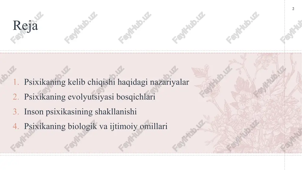 ilohiy kuch yoki ruhiy mohiyatda, deb hisoblaydilar. ularning fikricha, ong va psixika abadiy va mustaqil mavjud bo‘lib, materiya faqat uning tashqi ko‘rinishidir. masalan, qadimgi yunon faylasuflari platon va gegel psixikani ruhning mahsuli, ya’ni moddi olamdan ustun kuch sifatida talqin qilganlar. ikkinchidan, materialistik nazariya psixikaning kelib chiqishini to‘liq materiyaning rivojlanish jarayoni bilan bog‘laydi. bu yo‘nalish tarafdorlari — demokrit, l. sechenov, i.p. pavlov va boshqa olimlar psixikani organizmning tashqi muhitga moslashish shakli deb tushuntirganlar. ularning fikricha, psixika organizmning murakkablashuvi bilan paydo bo‘ladi va u asosan nerv tizimi faoliyati natijasidir. uchinchidan, biologik nazariya psixikaning kelib chiqishini hayvonot dunyosining evolyutsion taraqqiyoti bilan bog‘laydi. bu nazariyaga ko‘ra, psixik jarayonlar tirik organizmlarning atrof-muhitga moslashish ehtiyojidan kelib chiqqan. sezgi, refleks va instinktlar dastlab sodda biologik javoblar sifatida vujudga kelib, asta-sekin murakkablashgan. bu qarash ch. darvinning tabiiy tanlanish haqidagi evolyutsion nazariyasi bilan chambarchas bog‘liqdir. 6 7 7 to‘rtinchidan, evolyutsion (tabiiy-tarixiy) nazariya psixikaning bosqichma-bosqich rivojlanishini ilmiy asosda tushuntiradi. unga …