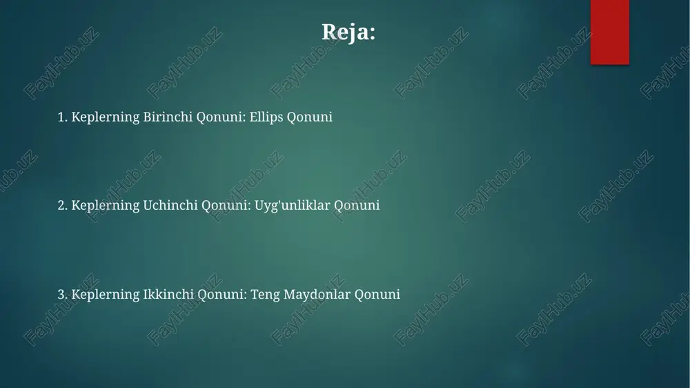 llanilishi quyosh sistemasini tushunish: ular quyosh sistemasining tuzilishi va evolyutsiyasi haqida ma'lumot beradi. sayyoralar harakatini bashorat qilish: kepler qonunlari quyosh atrofidagi sayyoralar orbitasini aniq tasvirlaydi. kosmik kemalarni boshqarish: ular kosmik kemalarning traektoriyasini rejalashtirish va amalga oshirish uchun ishlatiladi. keplerning uchinchi qonuni: garmonik qonun sayyoraning orbit davrining kvadrati quyoshdan o'rtacha masofasining kubiga mutanosibdir. ushbu qonun sayyoraning orbitasi hajmini uning orbital davri bilan bog'laydi va quyoshdan uzoqroq sayyoralarning orbitasini yakunlash uchun ko'proq vaqt kerakligini tushuntiradi. keplerning uchinchi qonuni, boshqa qonunlari bilan birgalikda, quyosh sistemasini tushunishimizda inqilob qildi va nyutonning jahon tortishish qonuni uchun poydevor yaratdi. e'tiboringiz uchun rahmat @taqdimot_robot image1.png image2.png image3.png image4.png image5.png image6.png image7.png image8.png image9.png image10.png