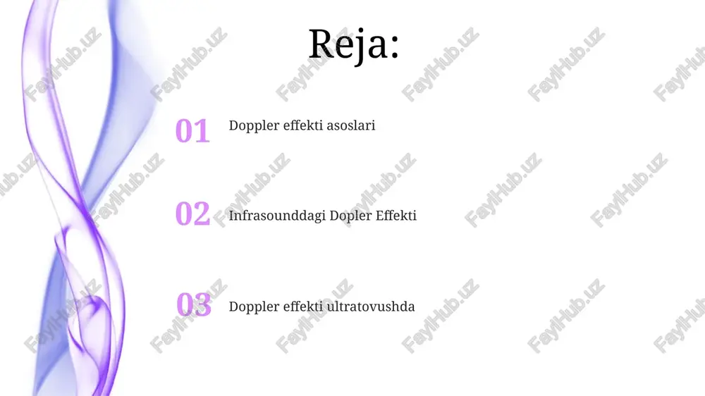 shovqin darajasiga bog'liq, harakat artefaktlariga sezgir va chiziqli harakatni taxmin qiladi. doppler effekti qo'llanilishi boshqa sohalarda tibbiy tasvirlash: ultratovush doppler effektidan qon oqimini va yurak faoliyatini tasvirlash uchun foydalanadi. ob-havo bashorati: doppler radar yog'ingarchilik va shamol tezligini ob-havo bashoratlari uchun aniqlaydi. ultrasound va infrasound: ta'riflar va qo'llanilishi ultrasavdo: inson eshitish chegarasidan yuqori tovush chastotalari (20 khz), tibbiy tasvirlash, sonar va sanoat sinovlarida ishlatiladi. doppler effekti: tovush to'lqinlarining manba va kuzatuvchi o'rtasidagi nisbiy harakat tufayli chastotasining o'zgarishi, tibbiy tasvirlashda qon oqimini o'lchash uchun ishlatiladi. infrasounddagi doppler effekti infrazvuk doppler ta'siri: manba va kuzatuvchi o'rtasidagi nisbiy harakat tufayli past chastotali tovush to'lqinlarining chastotasi o'zgarishi. ultratovush dopler effekti: infratovushga o'xshash, lekin tibbiy tasvirlashda ishlatiladigan yuqori chastotali tovush to'lqinlariga tegishli. doppler smenishga ta'sir etuvchi omillar chiqarilgan to'lqinning chastotasi. to'lqin tarqaladigan muhit. doppler effekti ultratovushda 01 02 infratovush uchun doppler effekti, ultrabesh bilan bir xil, bir xil printsipni qo'llaydi, lekin past chastotali tovush to'lqinlari bilan, …